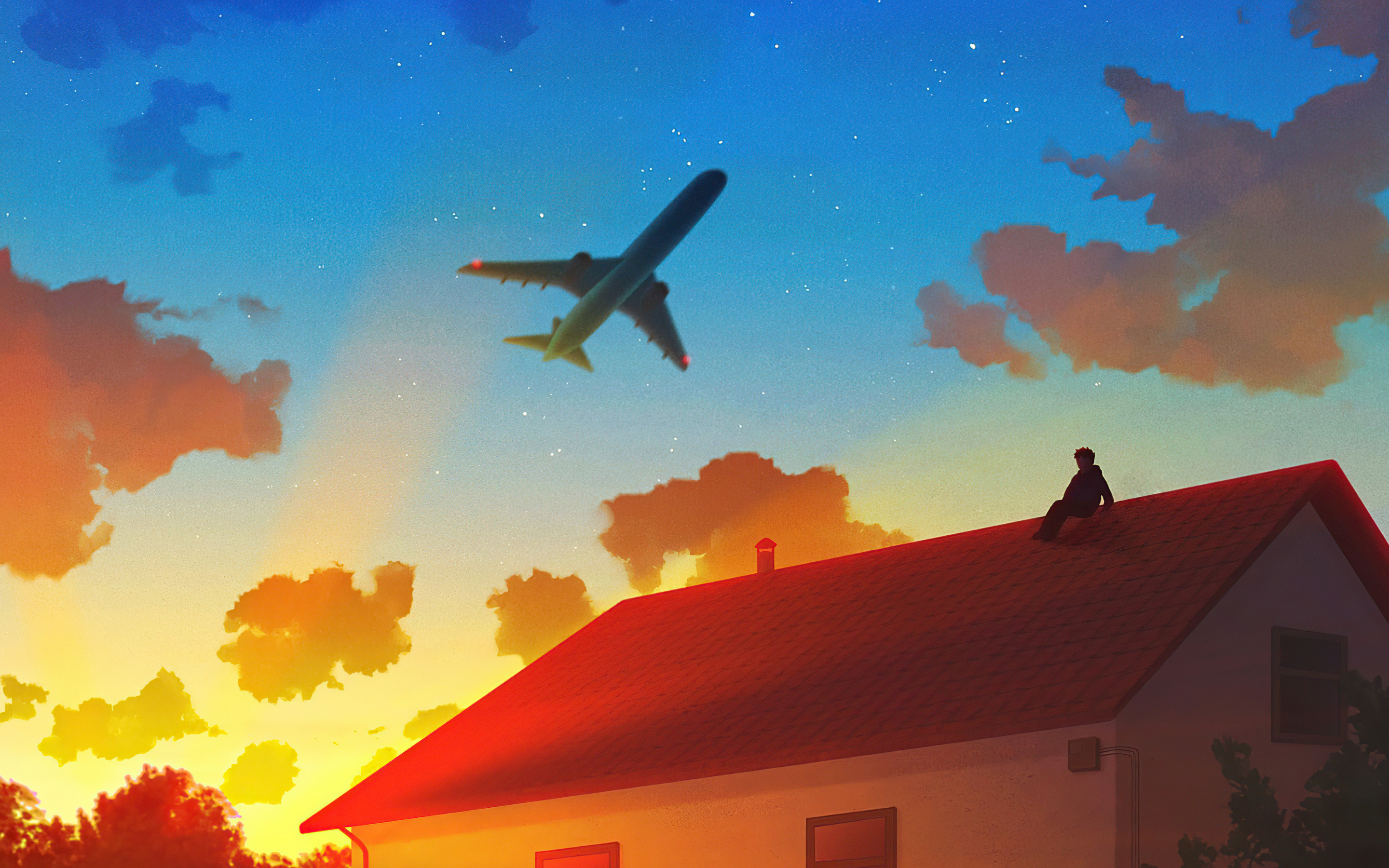 Flight over house, anime, original, 2880x1800 wallpaper