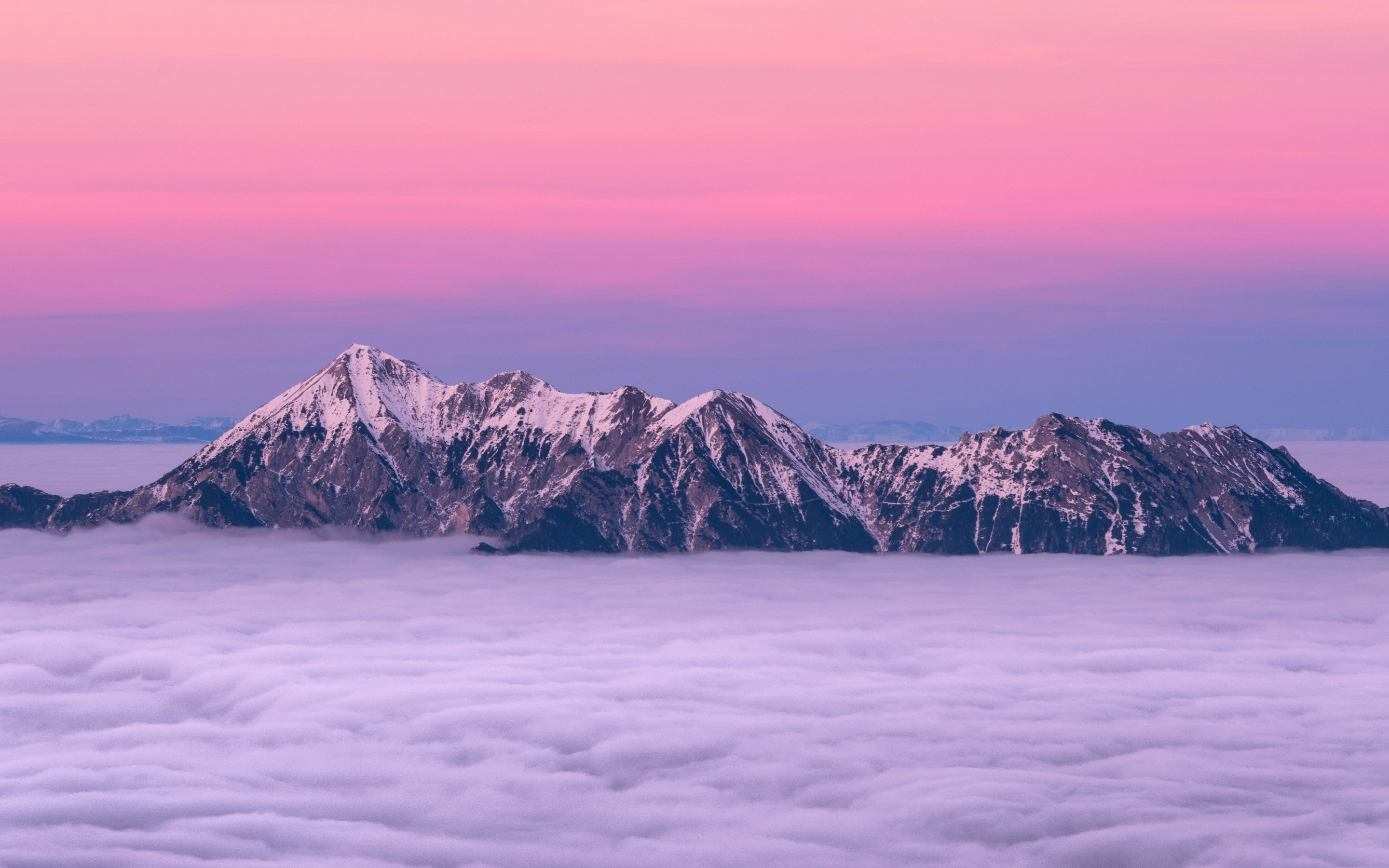Pink sky, clouds, sunset, mountains, 2880x1800 wallpaper