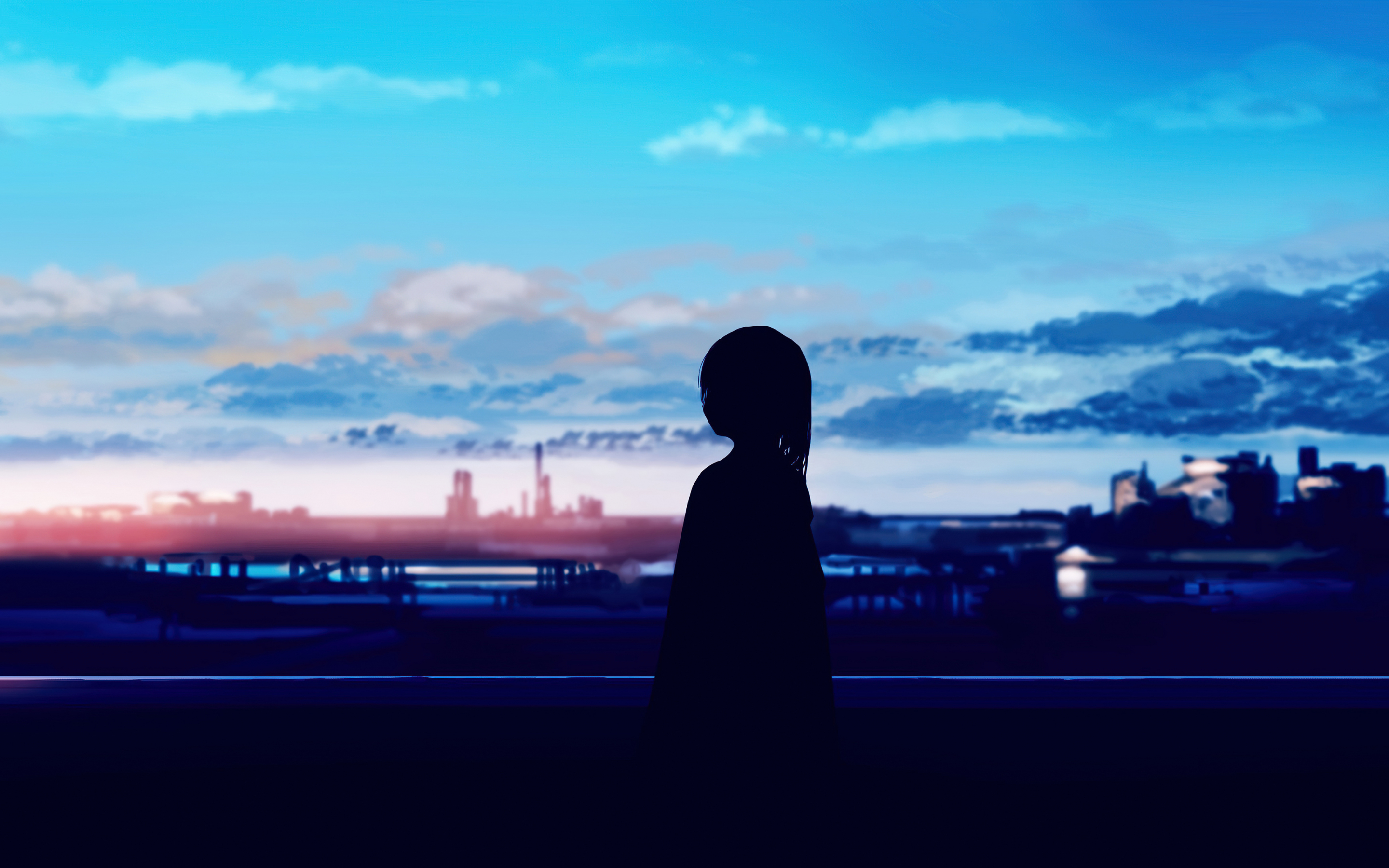 Anime girl, silhouette, pretty sunset, art, 2880x1800 wallpaper