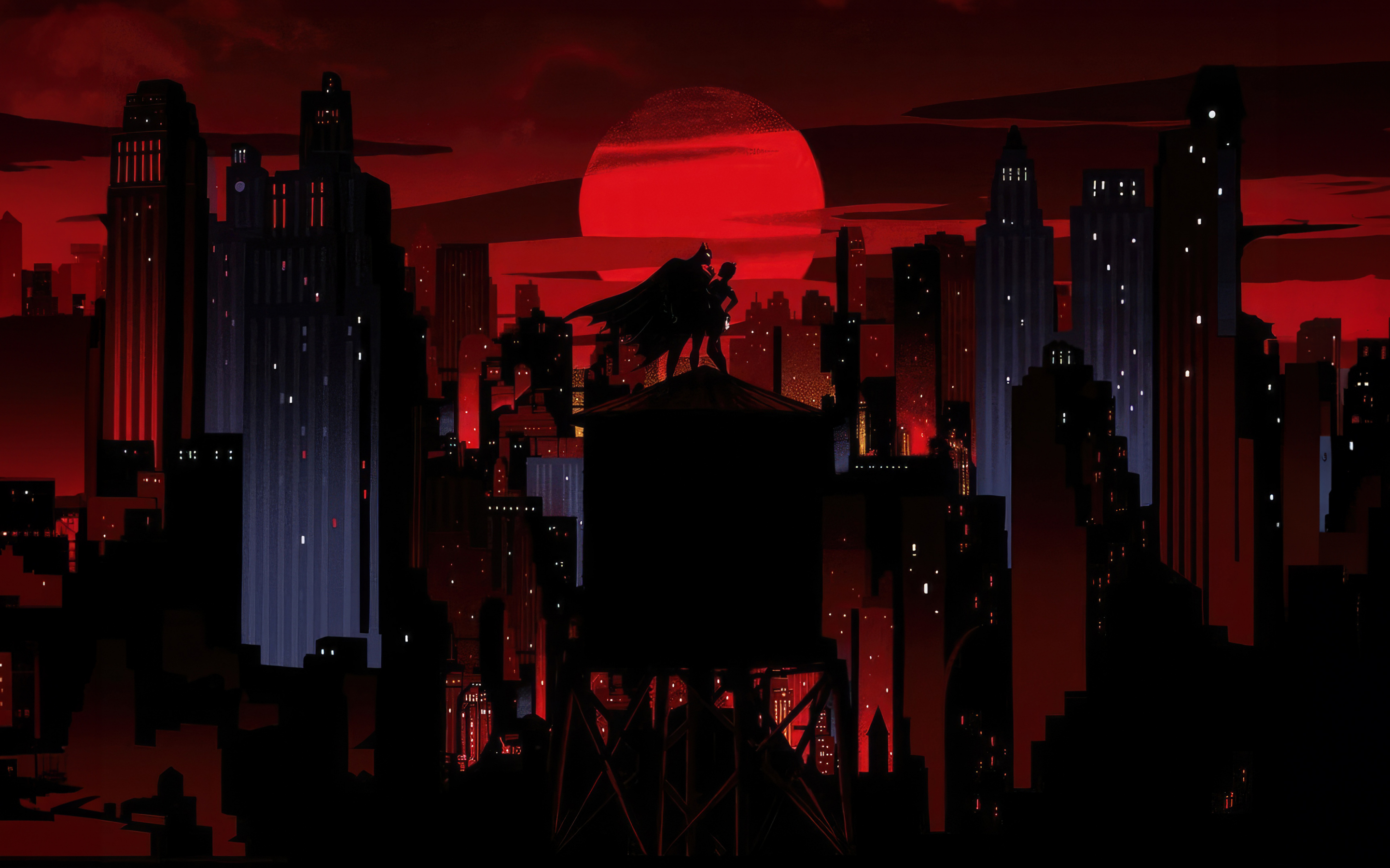 Batman: The Animated Series, 1992, batman and catwoman, cityscape, 2880x1800 wallpaper