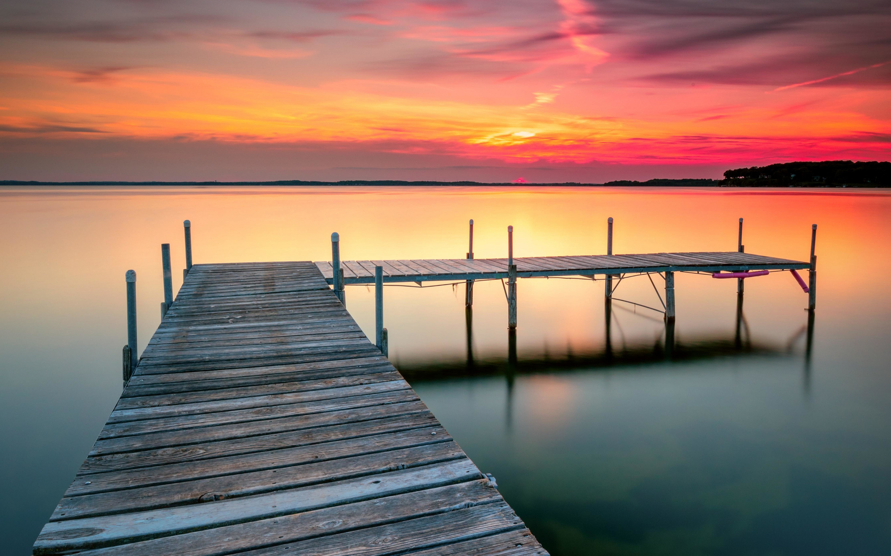 Wooden pier, calm lake, sunset, 2880x1800 wallpaper