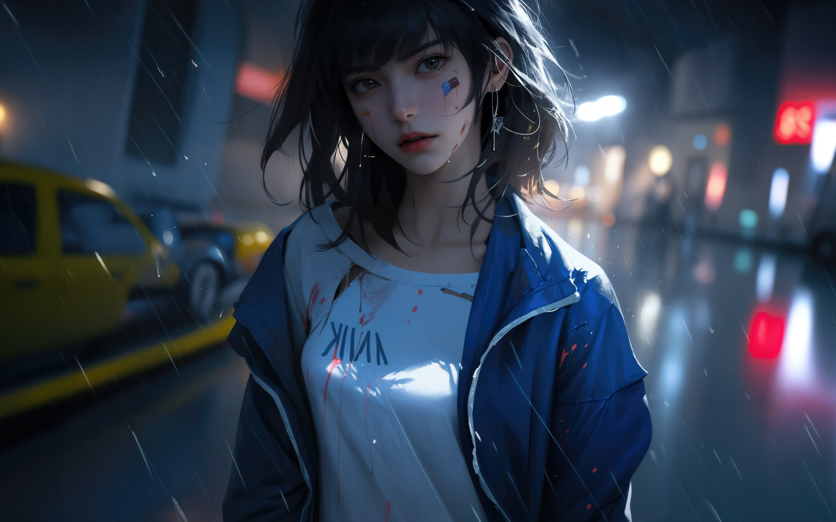 Anime girl in rain, 2023 fan art, 2880x1800 wallpaper