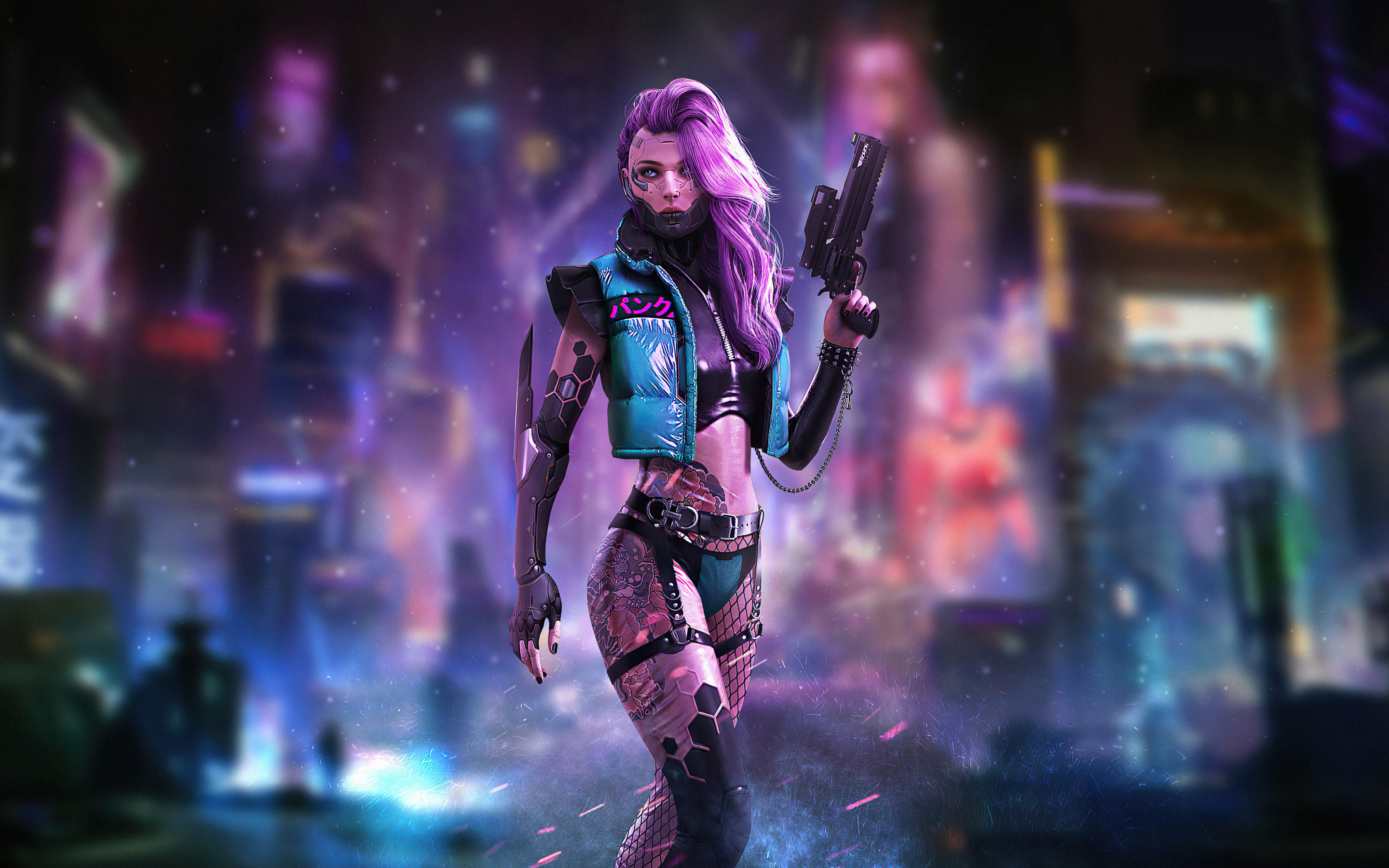 Cyberpunk, tattoo on body, girl with guns, 2880x1800 wallpaper