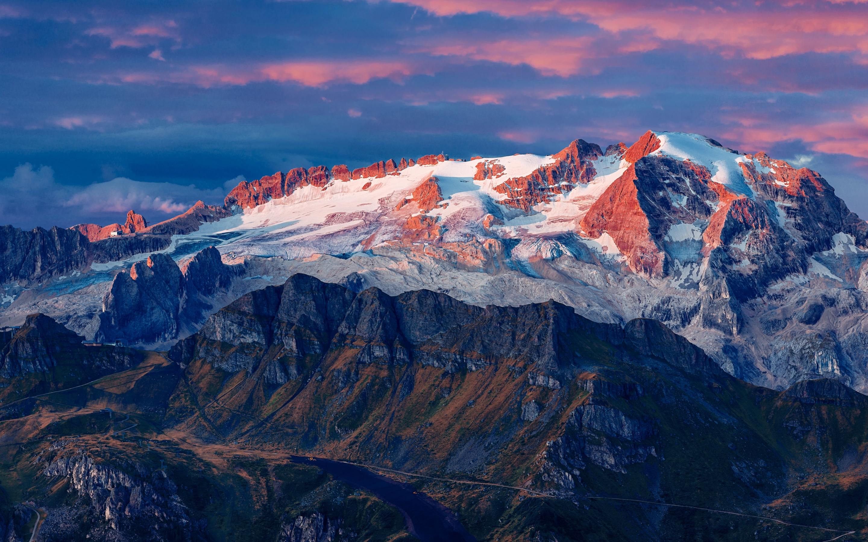 Mountains, glacier, summit, nature, sunset, 2880x1800 wallpaper