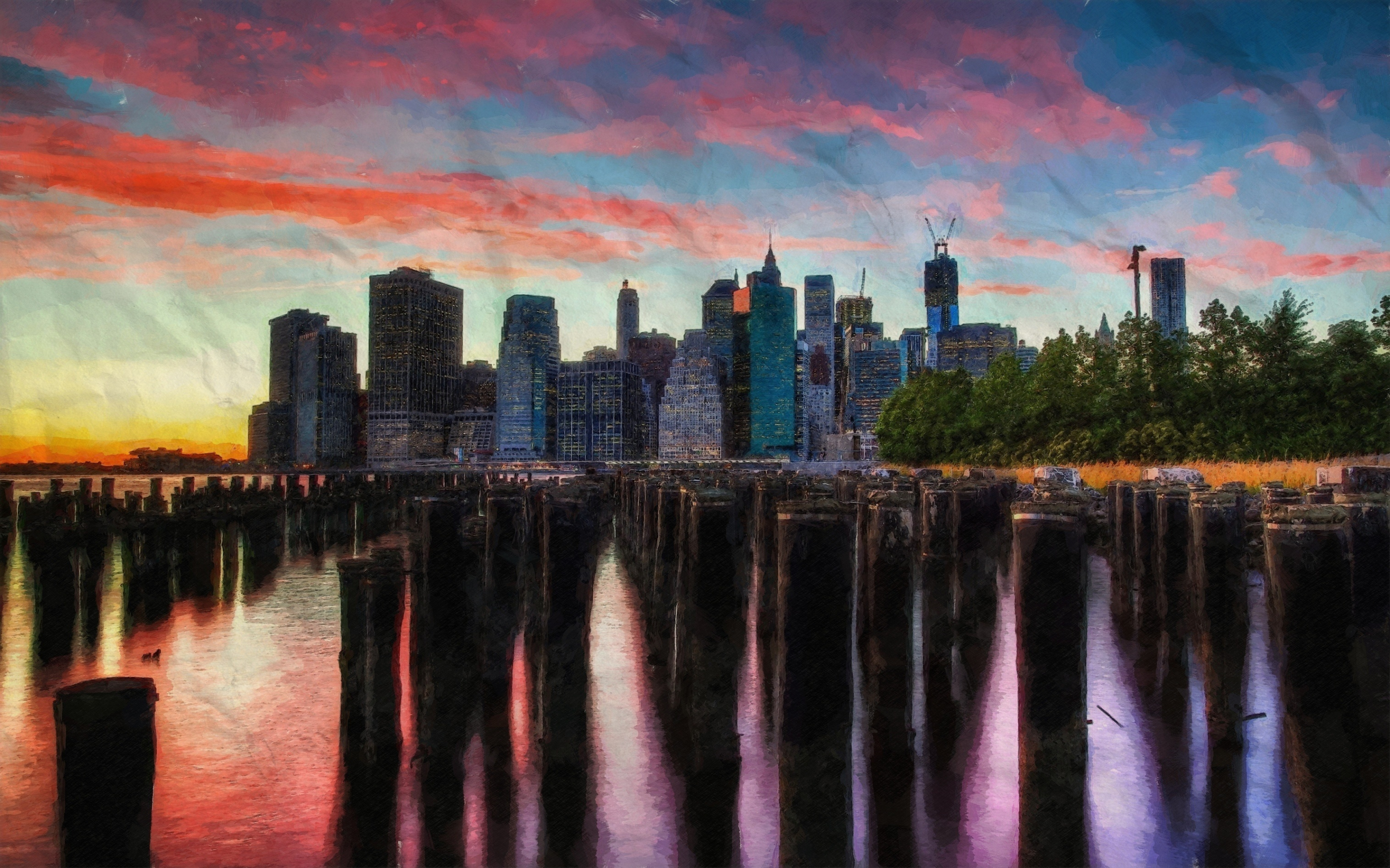 City, buildings, sunset, artwork, 2880x1800 wallpaper