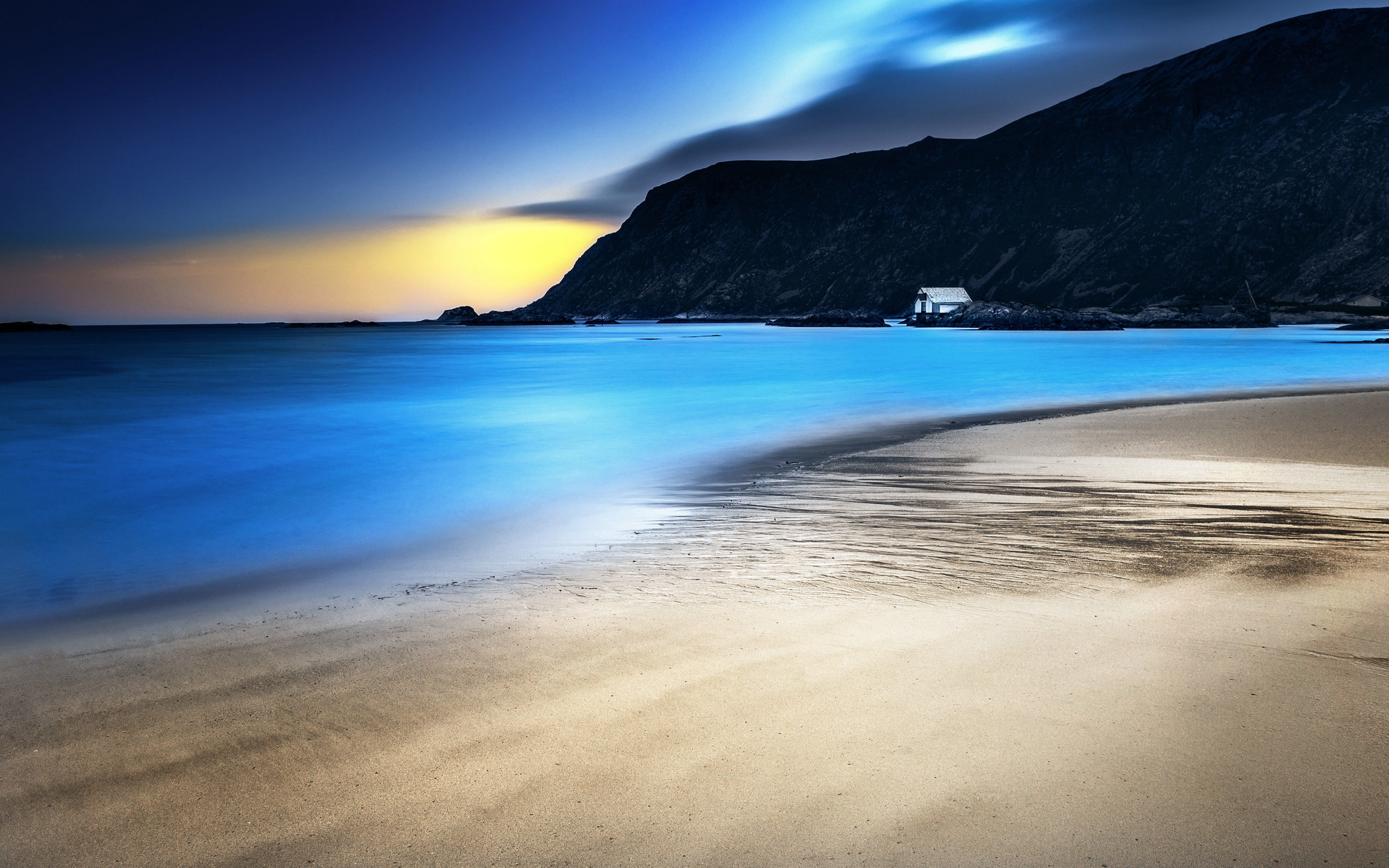 Night, blue sea, beach, mountains, nature, 2880x1800 wallpaper