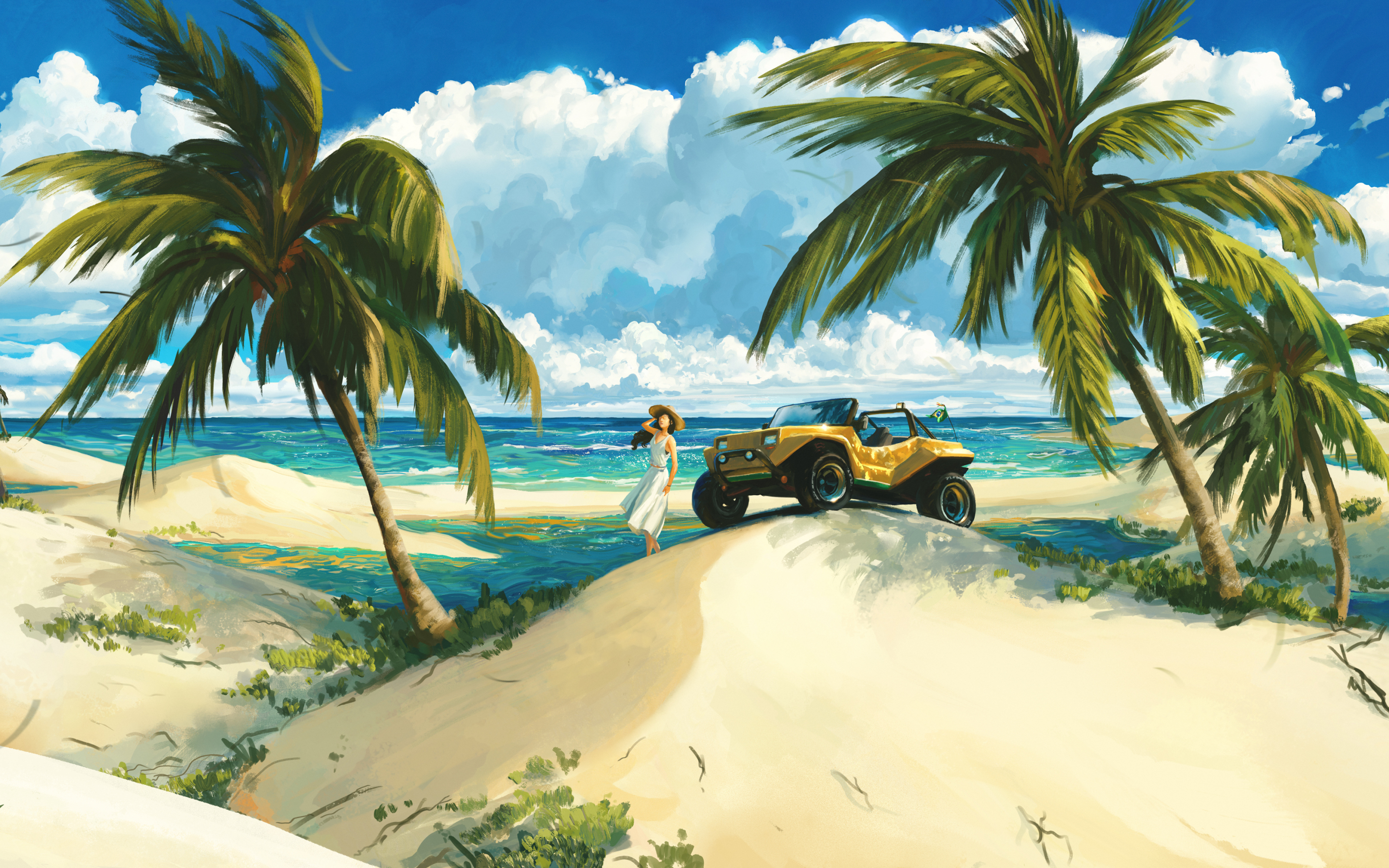 Girl at beach, palms in desert, artwork, 2880x1800 wallpaper