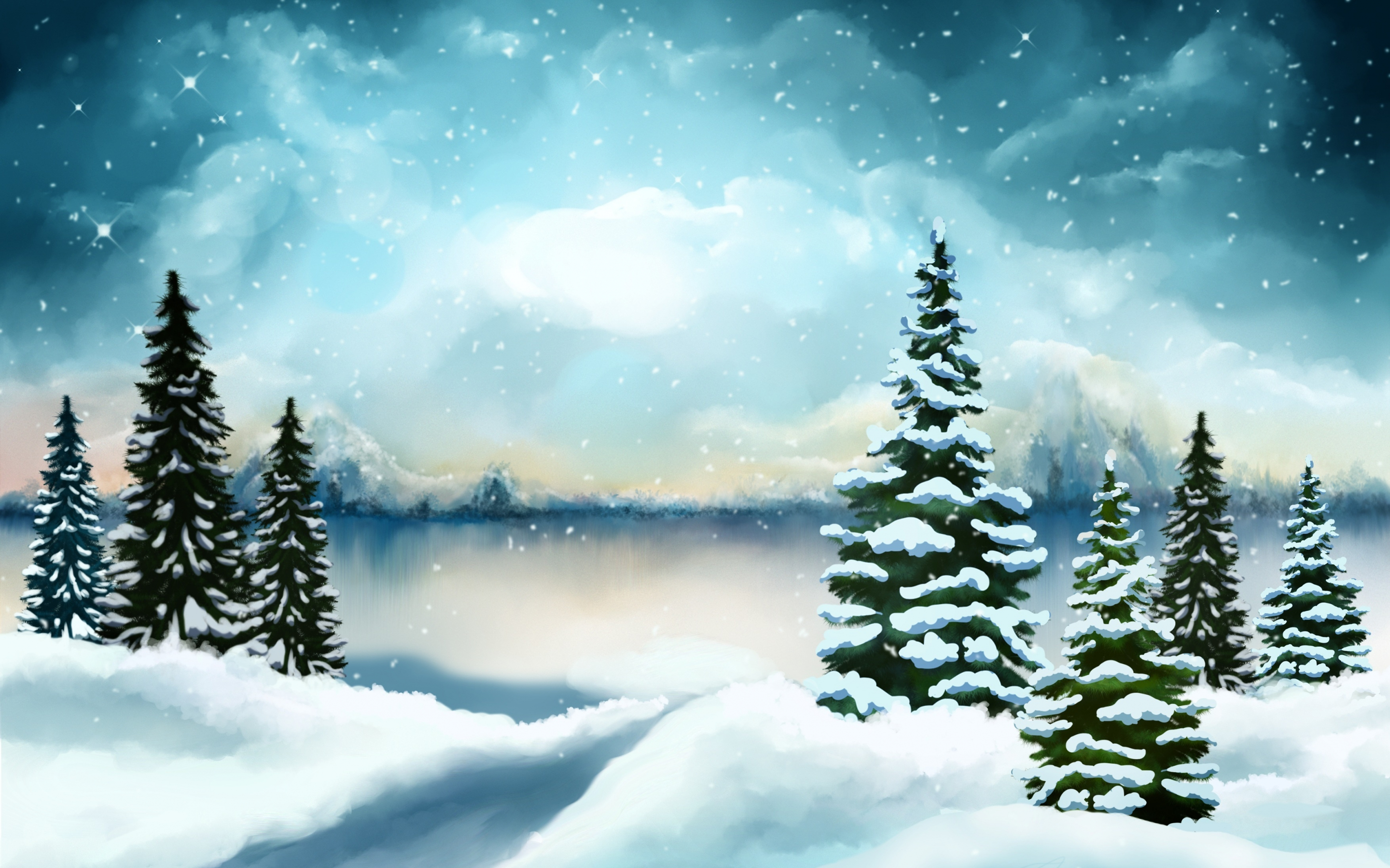Winter, pine trees, lake, digital art, 2880x1800 wallpaper