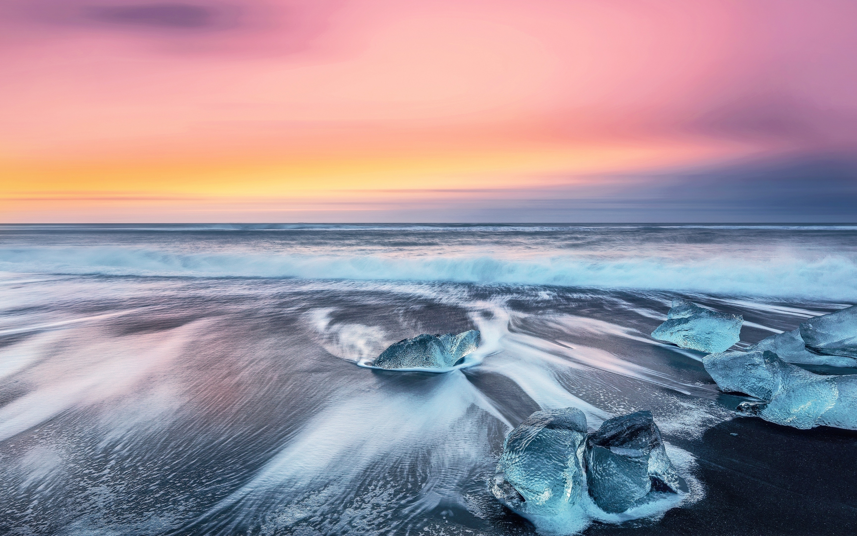 Sunset, seashore, beach, nature, icebergs, 2880x1800 wallpaper
