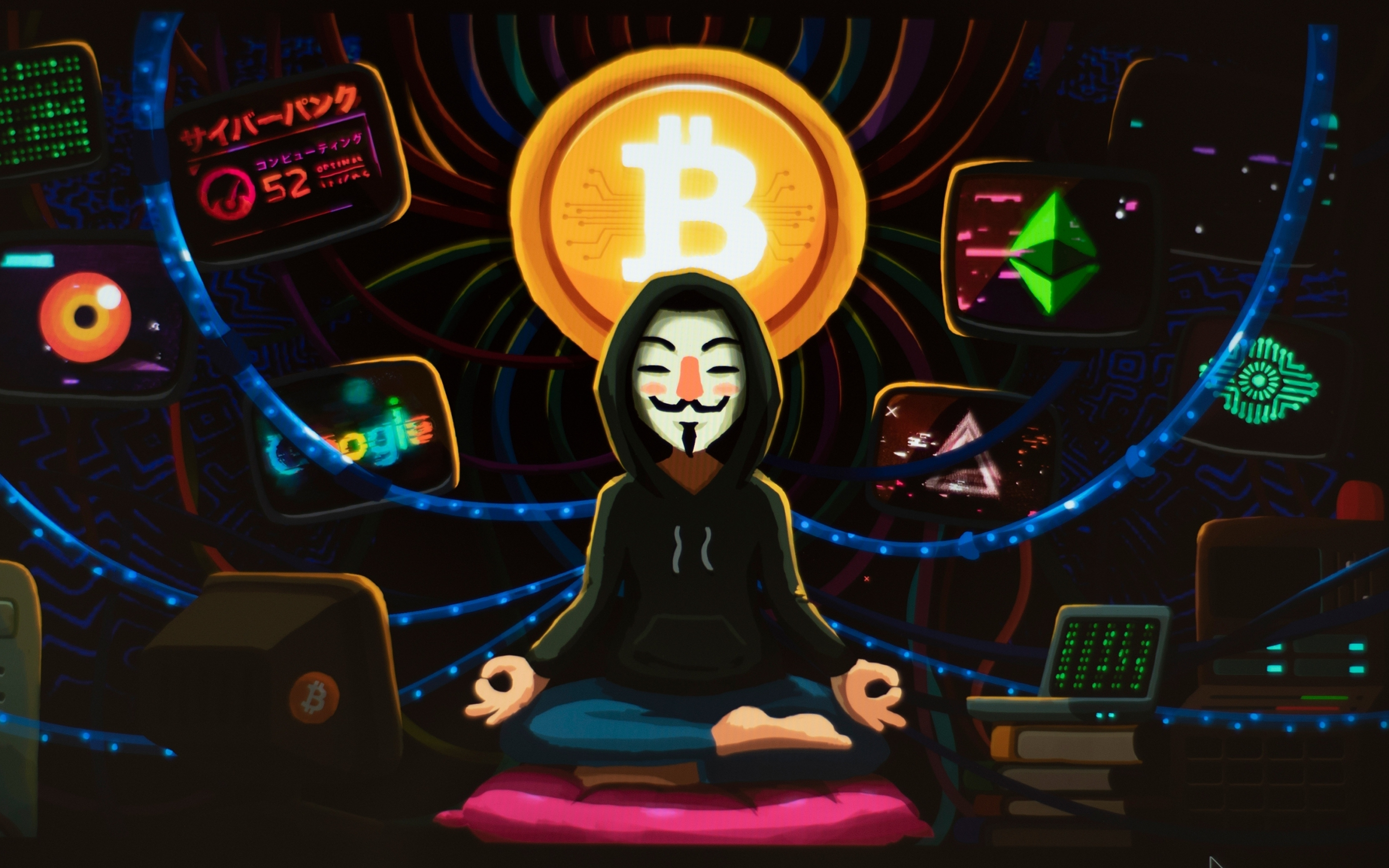 Meditation, art, anonymous, hacker, bitcoin, 2880x1800 wallpaper