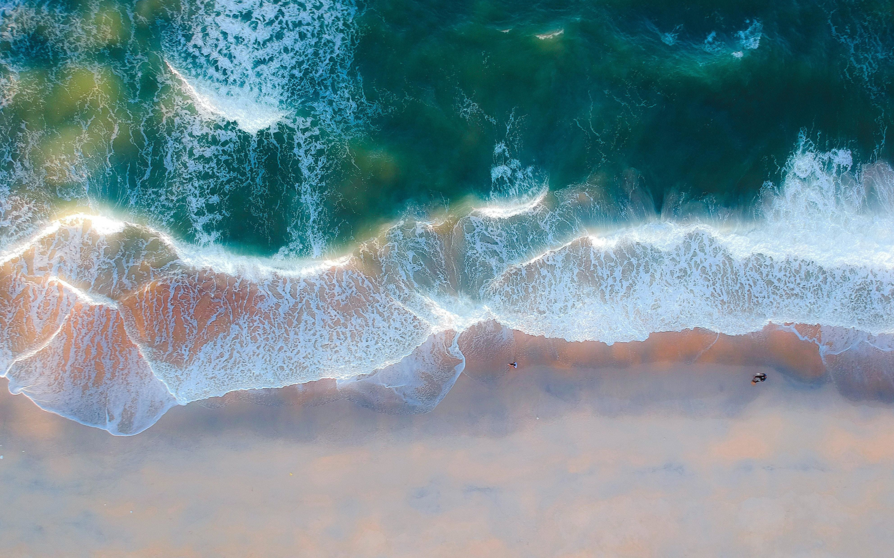 Exotic beach, aerial view, green sea waves, nature, 2880x1800 wallpaper
