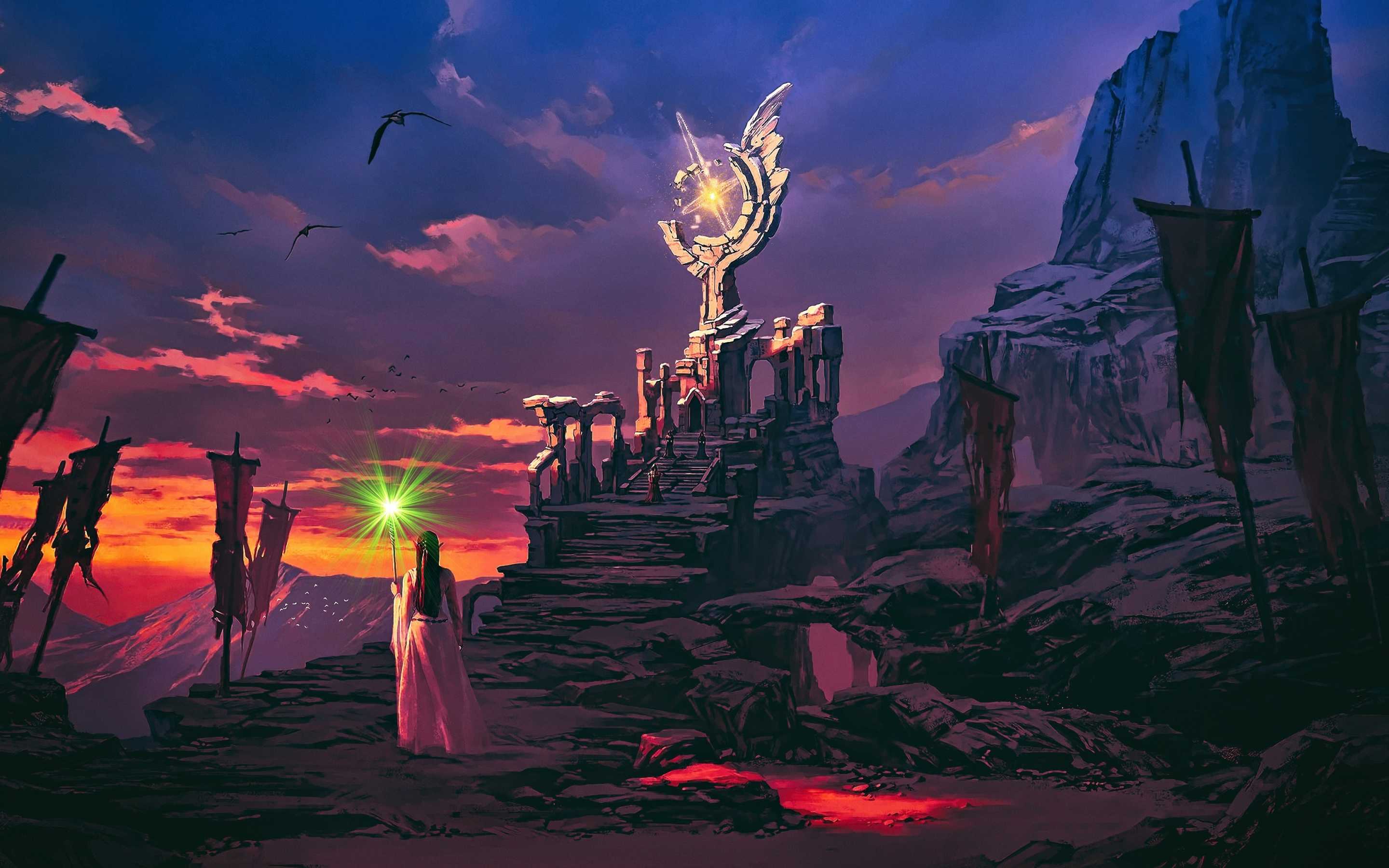Fantasy, cliffs, sunset, artwork, 2880x1800 wallpaper