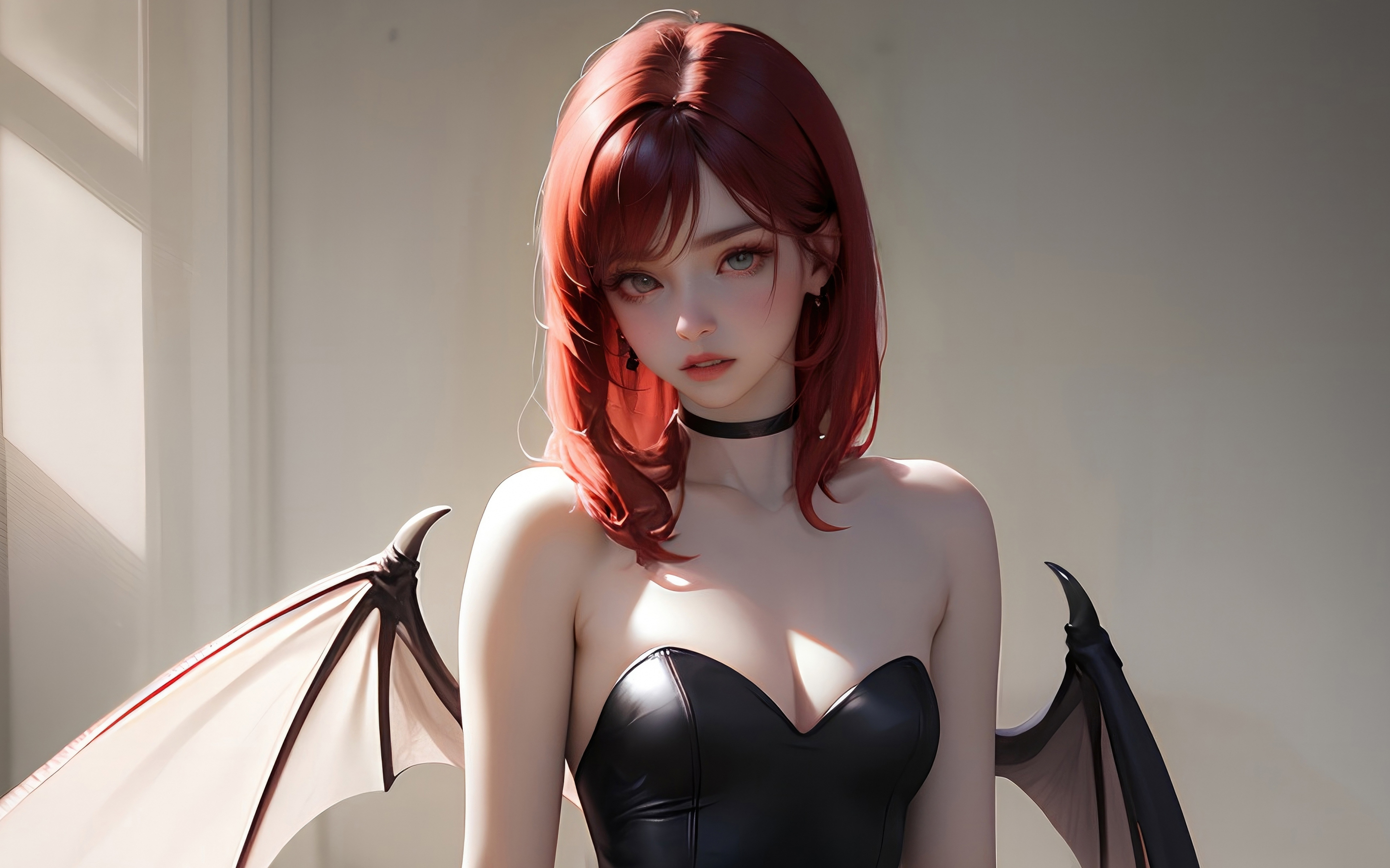Bat wings, beautiful girl, redhead, art, 2880x1800 wallpaper