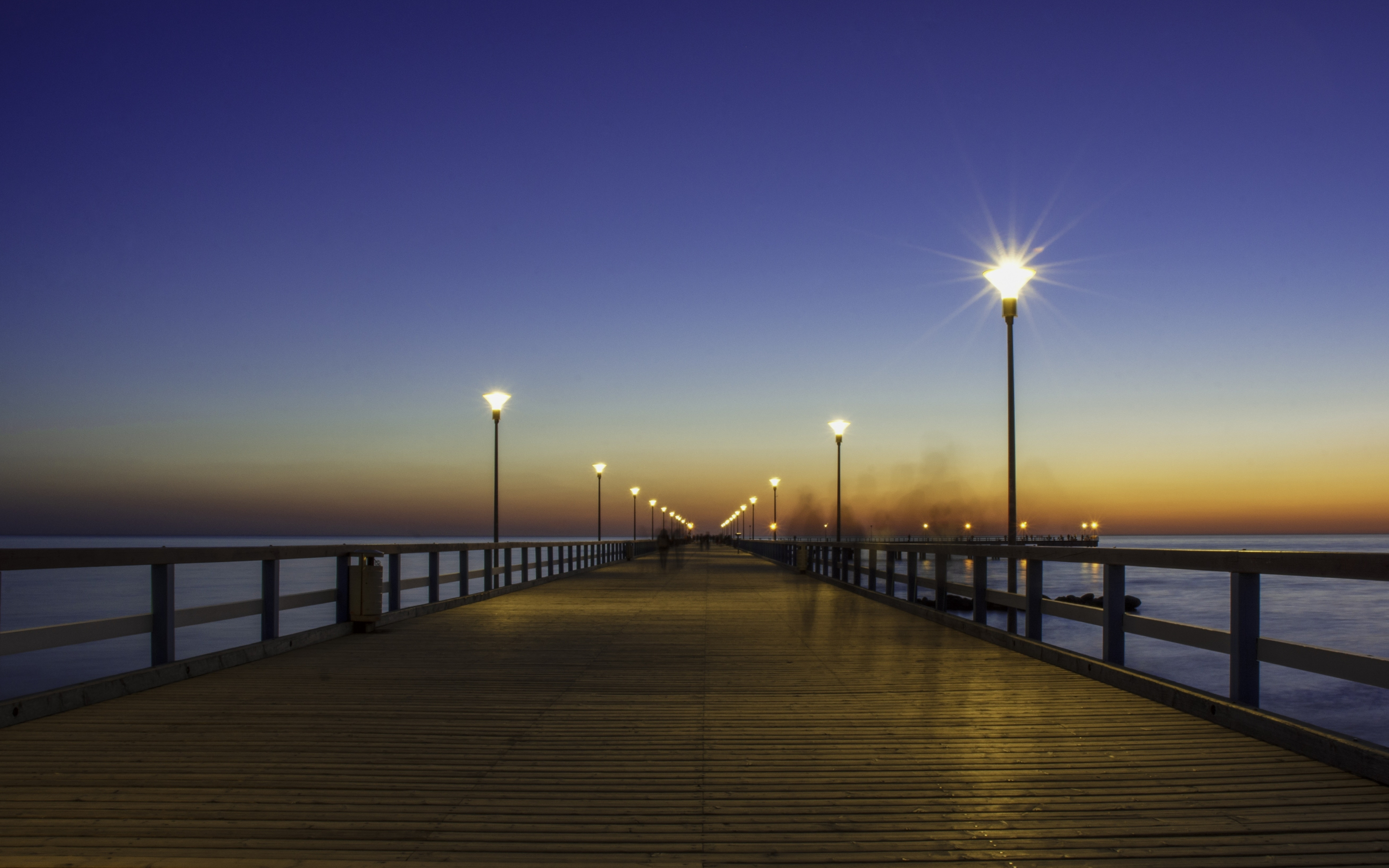 Bridge, pier, wooden, night out, sunset, 2880x1800 wallpaper