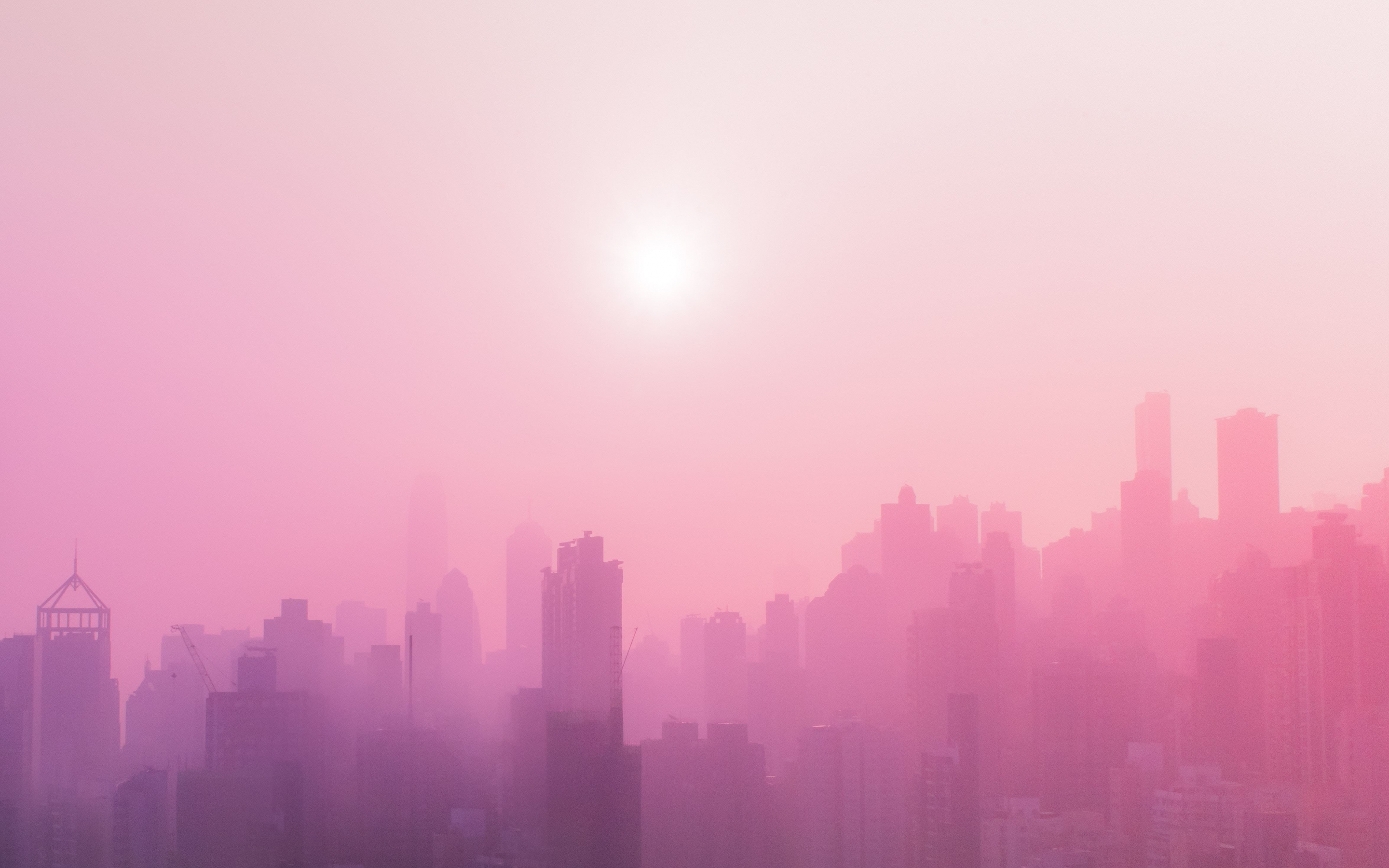 Urban, skyscrapers, buildings, sunny day, pink smog, 2880x1800 wallpaper