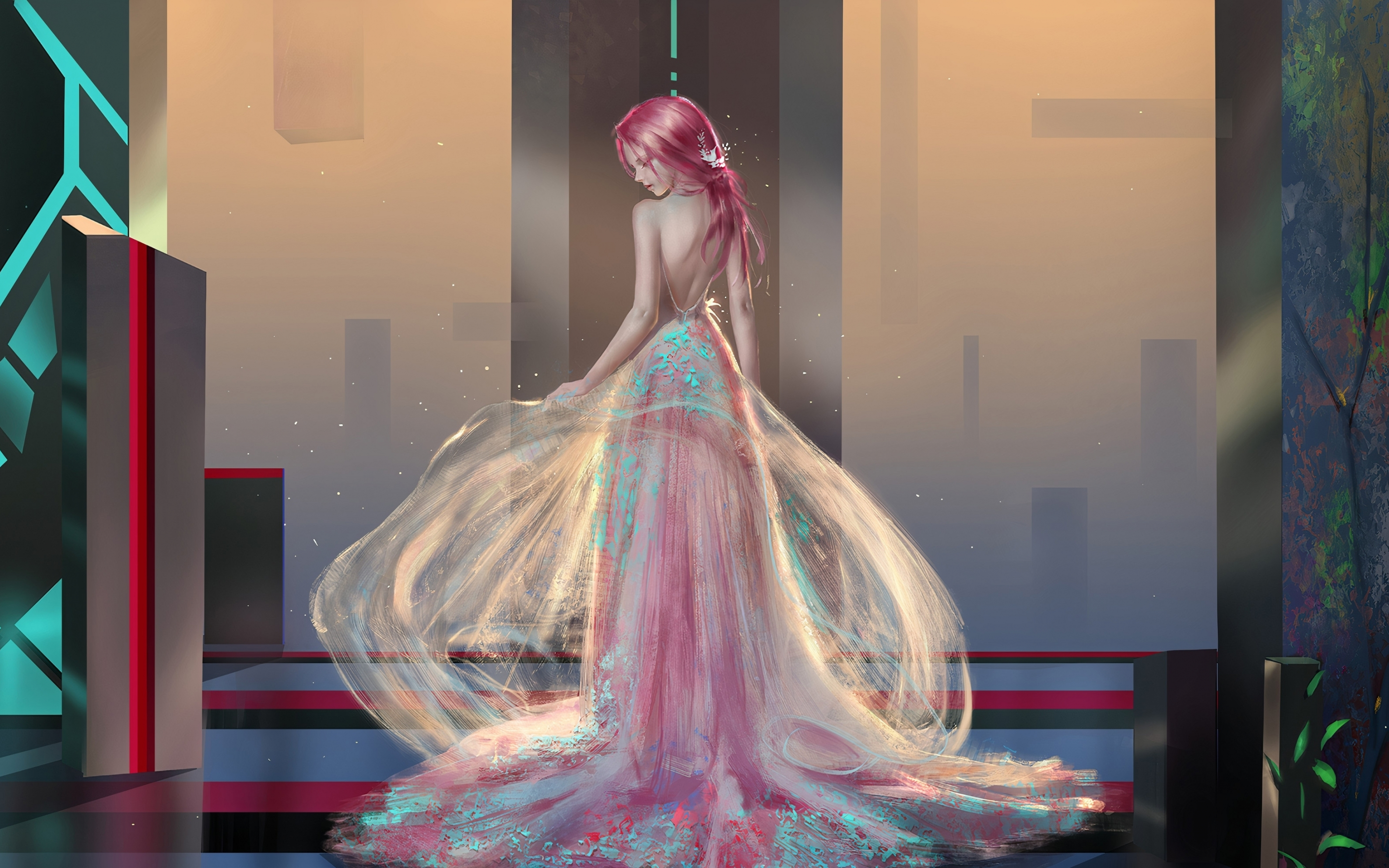 Princess girl, magic dress, redhead, 2880x1800 wallpaper
