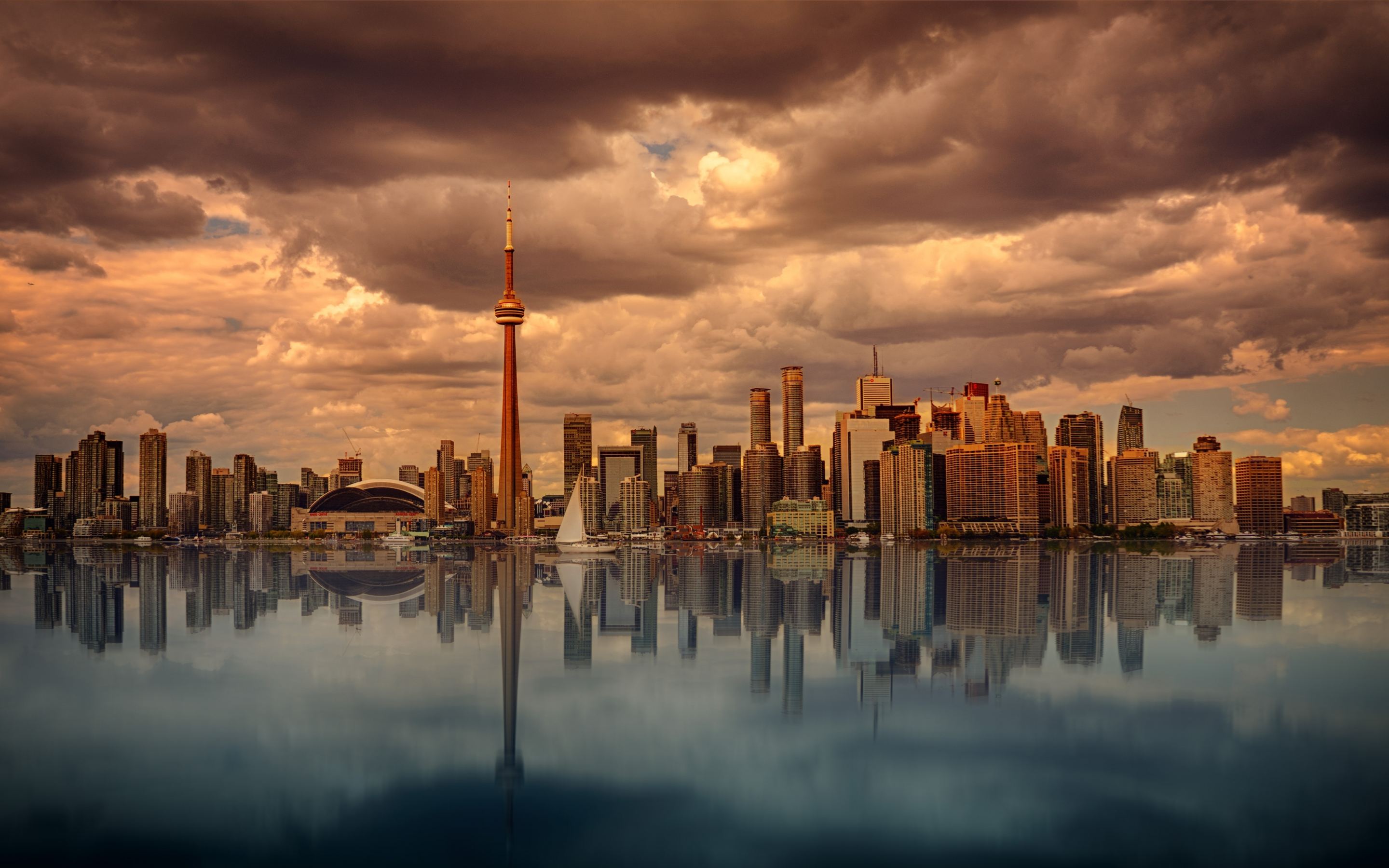 City, buildings, cityscape, reflections, clouds, 2880x1800 wallpaper