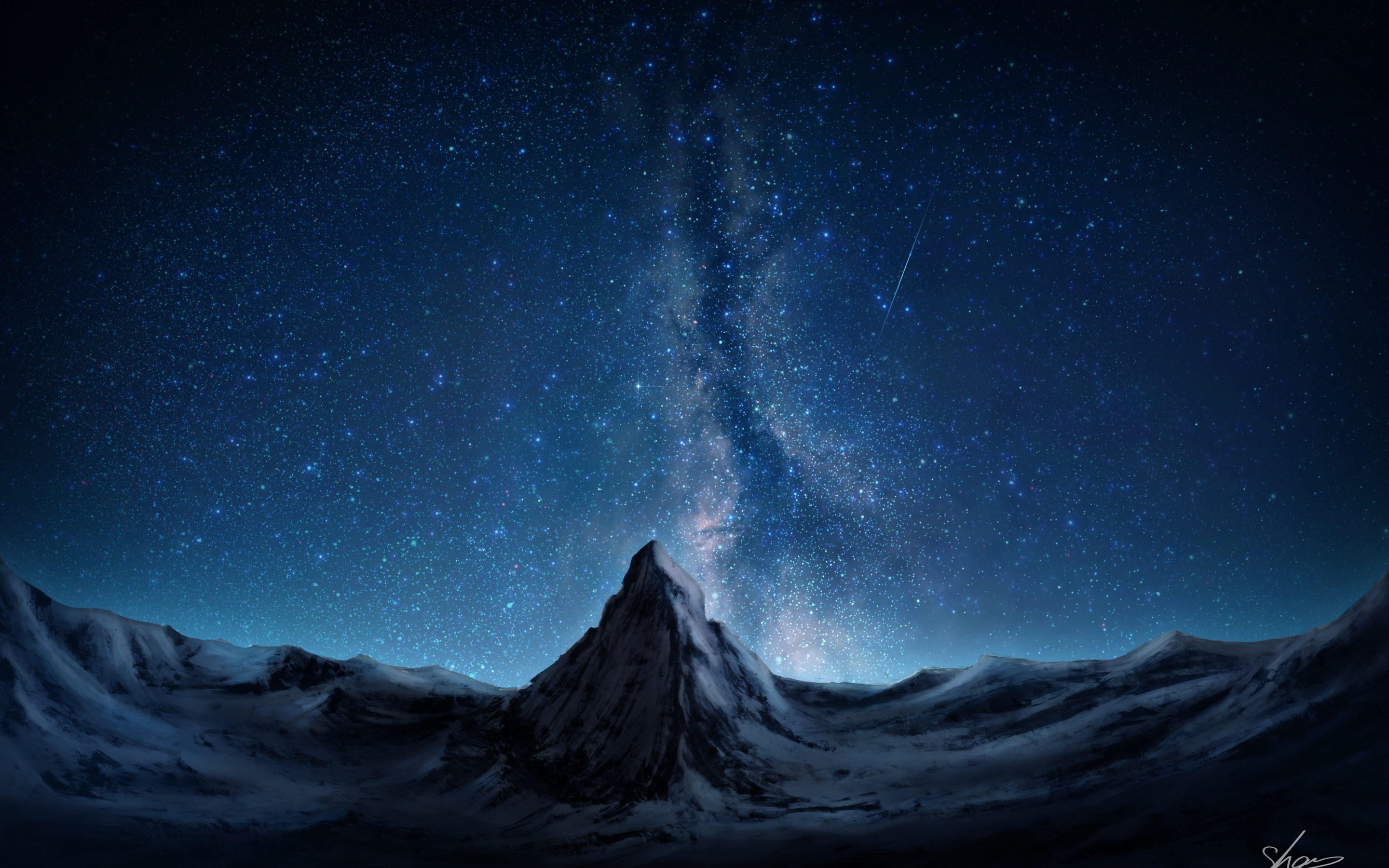 Mountain and starry galaxy, art, 2880x1800 wallpaper