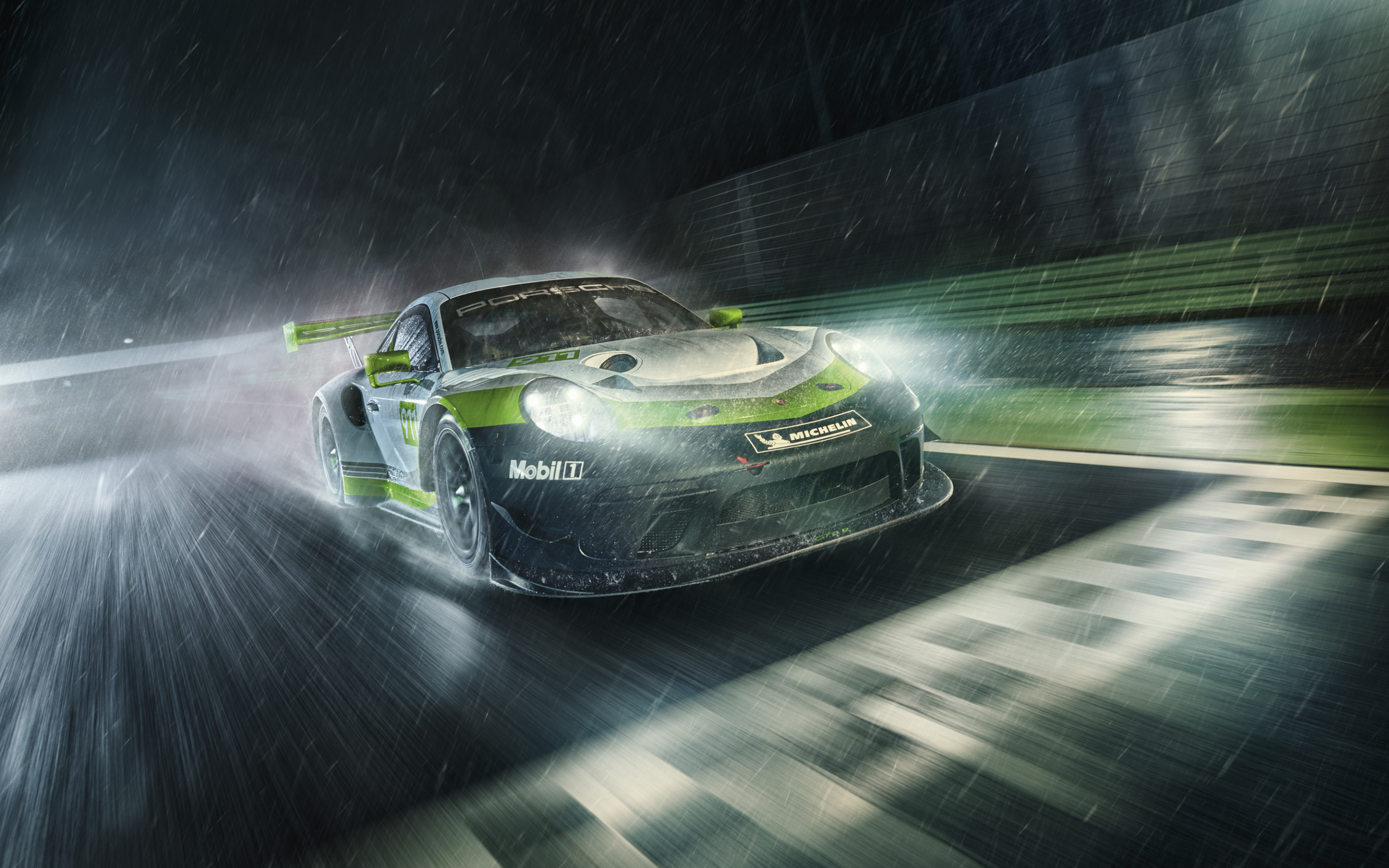 Porsche 911 GT3 R, rain blur, sports car, 2018, 2880x1800 wallpaper