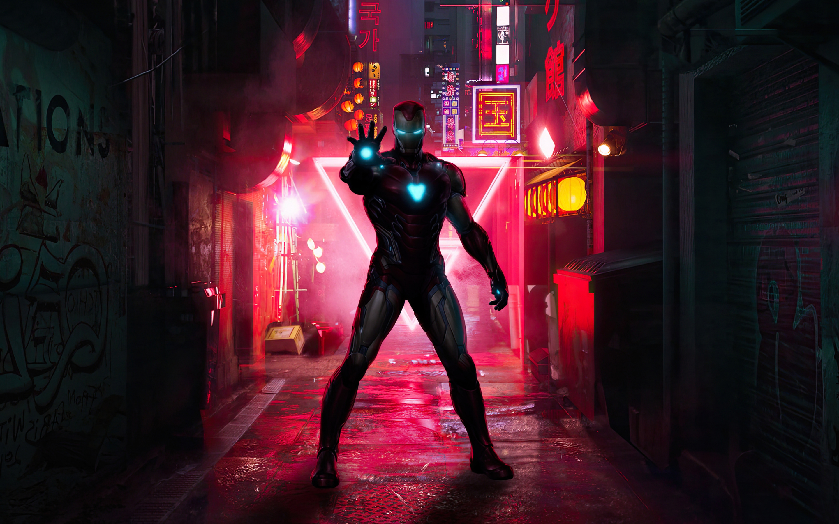 Iron man with latest suit, in street, 2880x1800 wallpaper