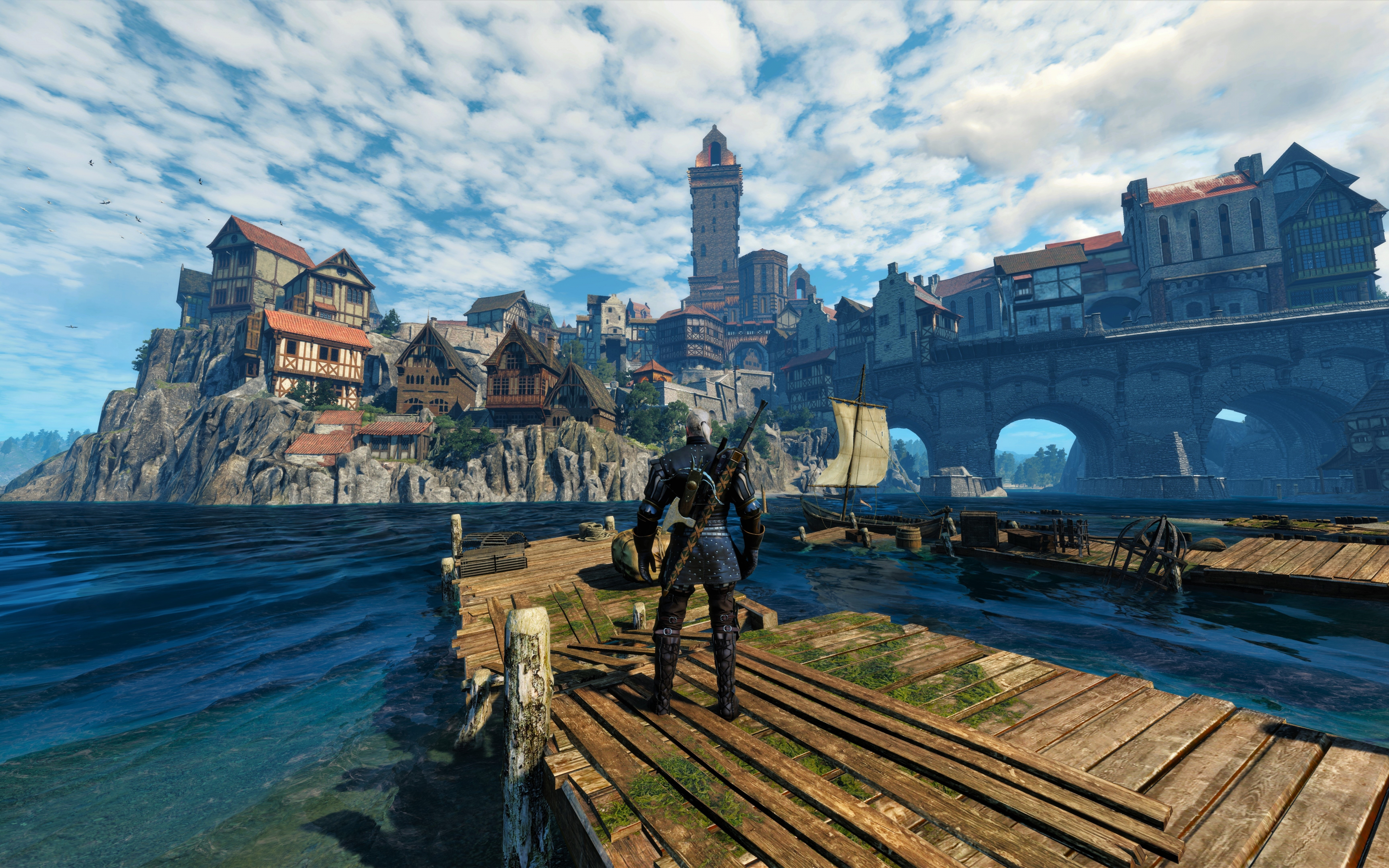 Video game, Geralt of Rivia, The Witcher 3: Wild Hunt, pier, 2880x1800 wallpaper