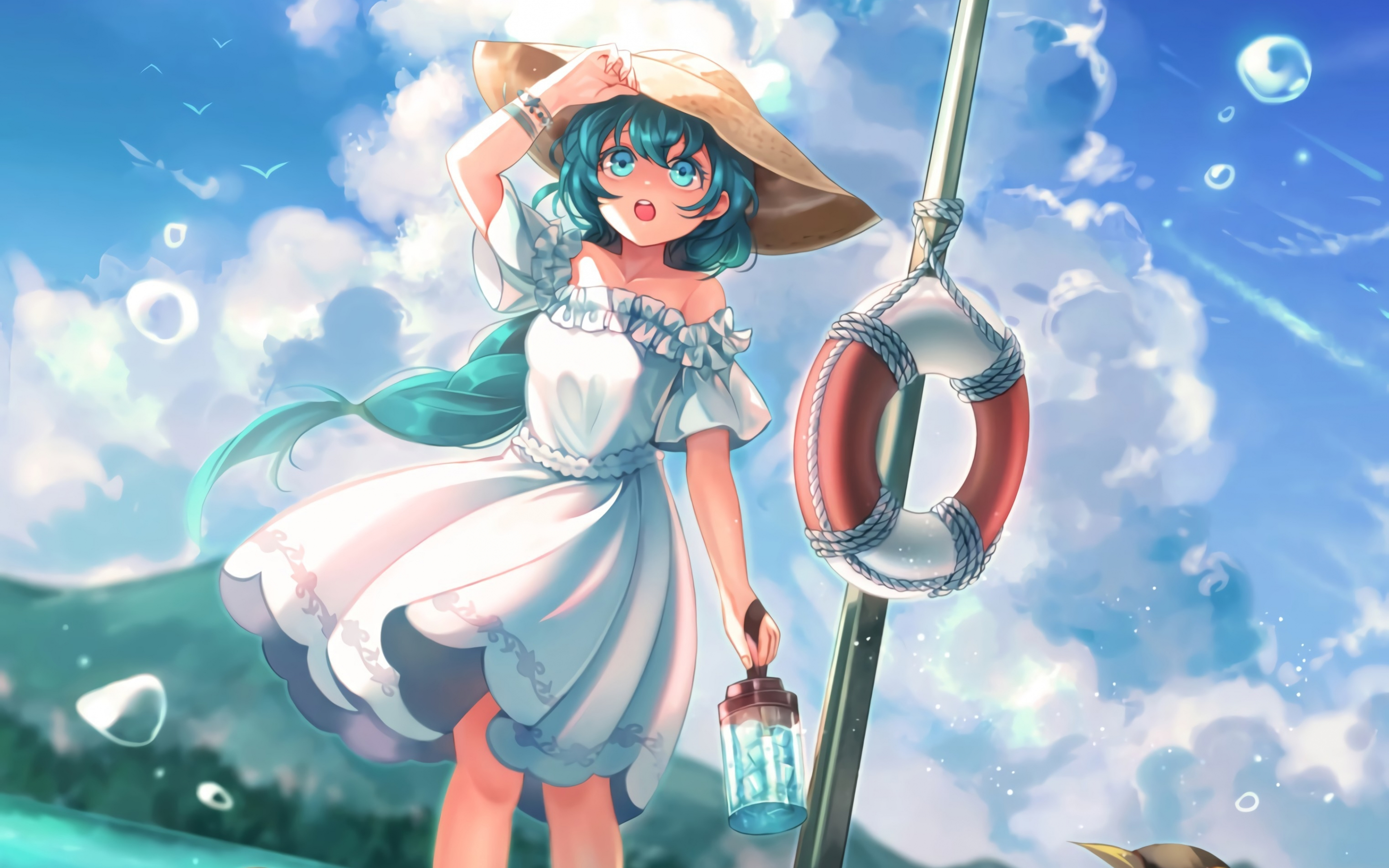 Girl, blue hair, anime girl, hat, cute, 2880x1800 wallpaper