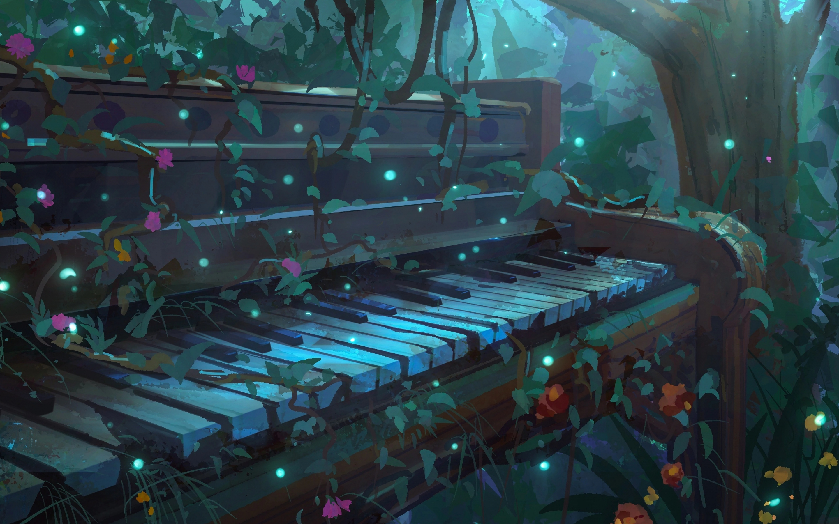 Old abandoned piano, original, anime, 2880x1800 wallpaper