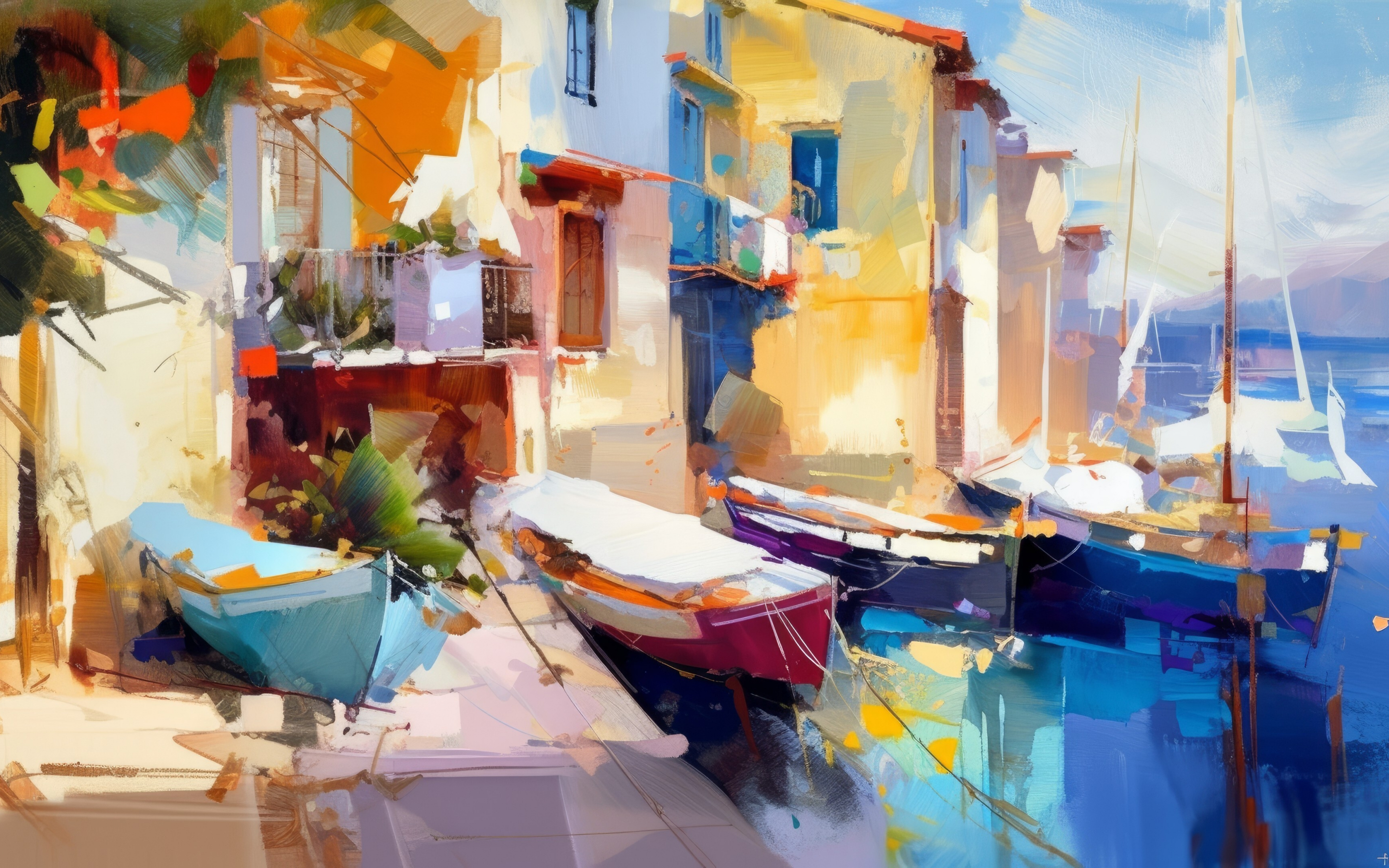 Coastal houses and boats, beautiful art, 2880x1800 wallpaper