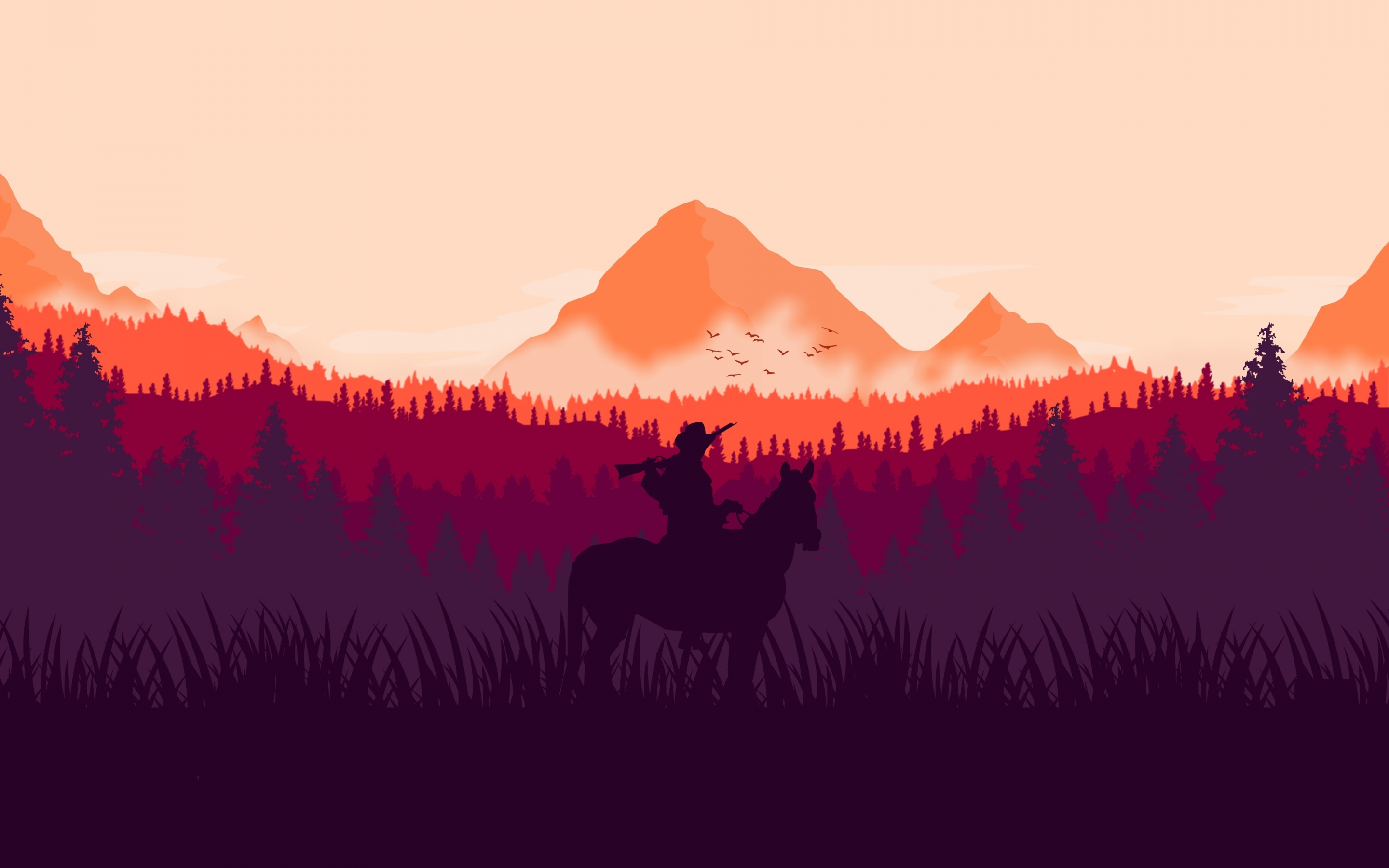 Red Dead Redemption 2, horse ride, silhouette, art, 2880x1800 wallpaper