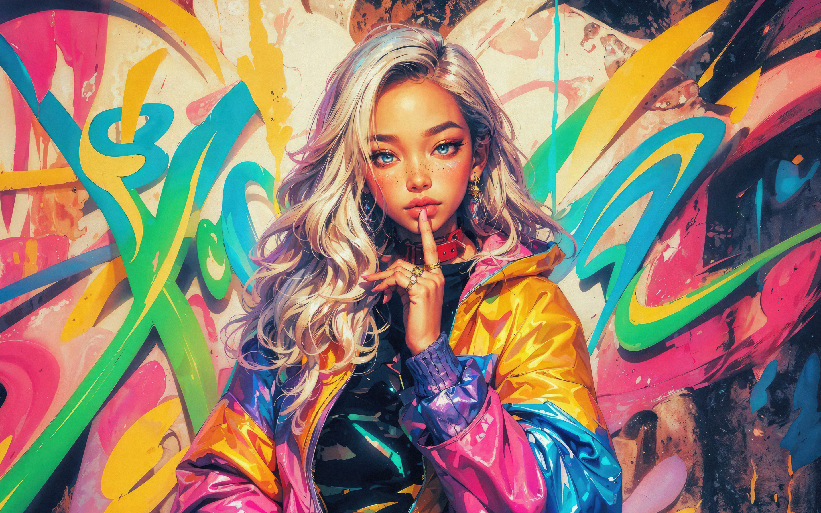 Graffiti on city wall, pretty girl, colorful, art, 2880x1800 wallpaper