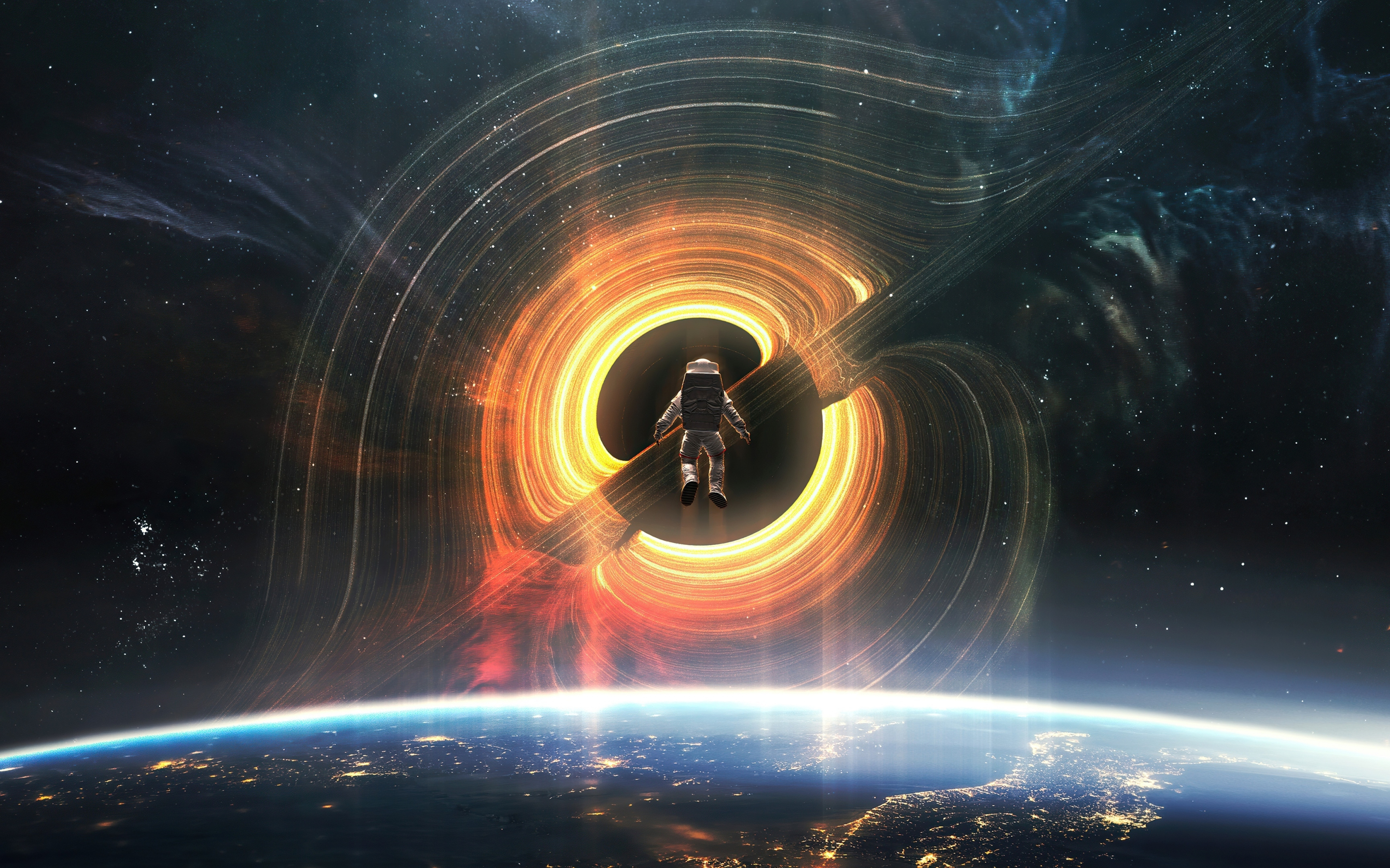 Refraction of black hole, astronaut, art, 2880x1800 wallpaper