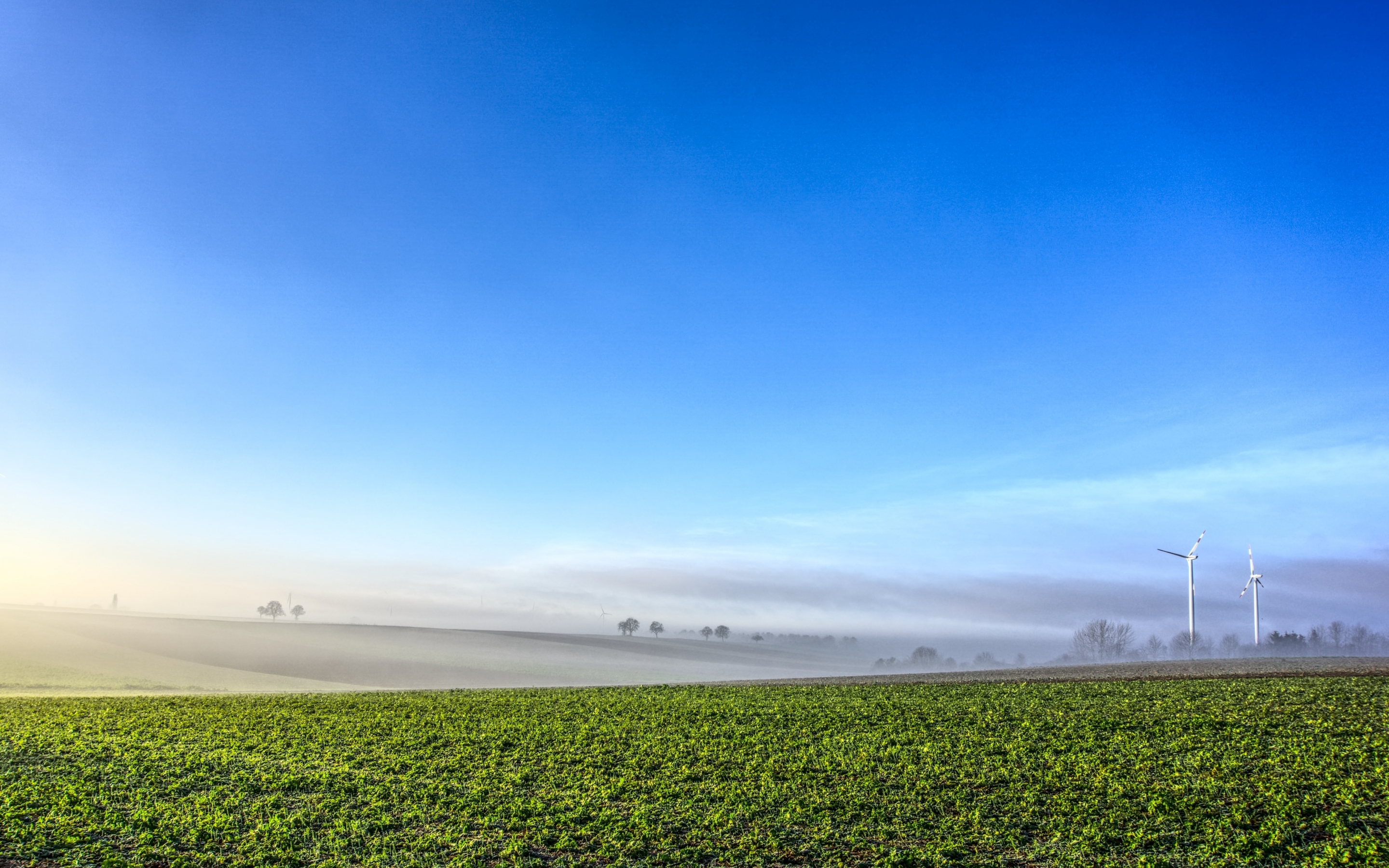 Mist, wind turbines, landscape, mist, 2880x1800 wallpaper