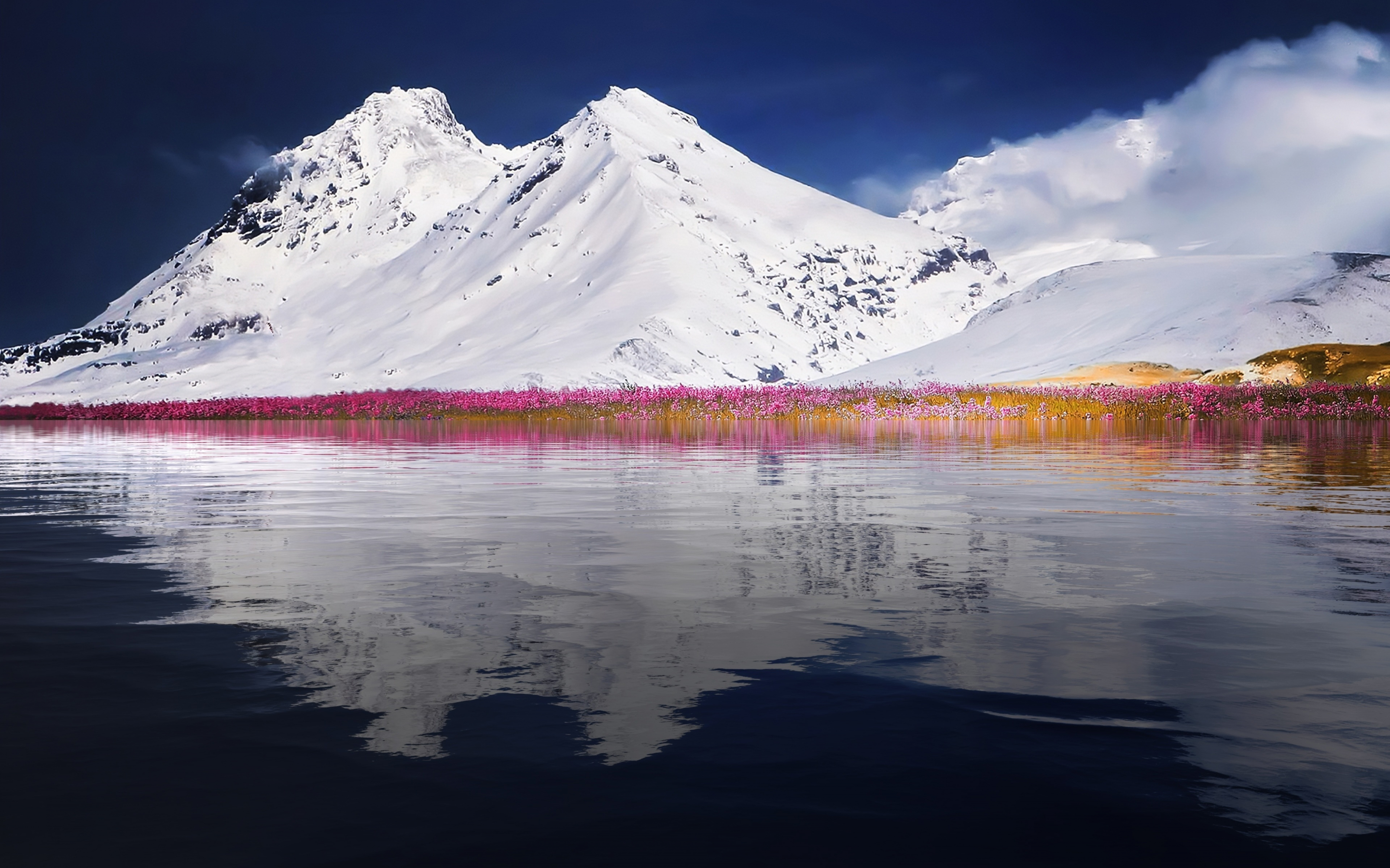 Mountains, winter, landscape, lake, reflections, nature, 2880x1800 wallpaper