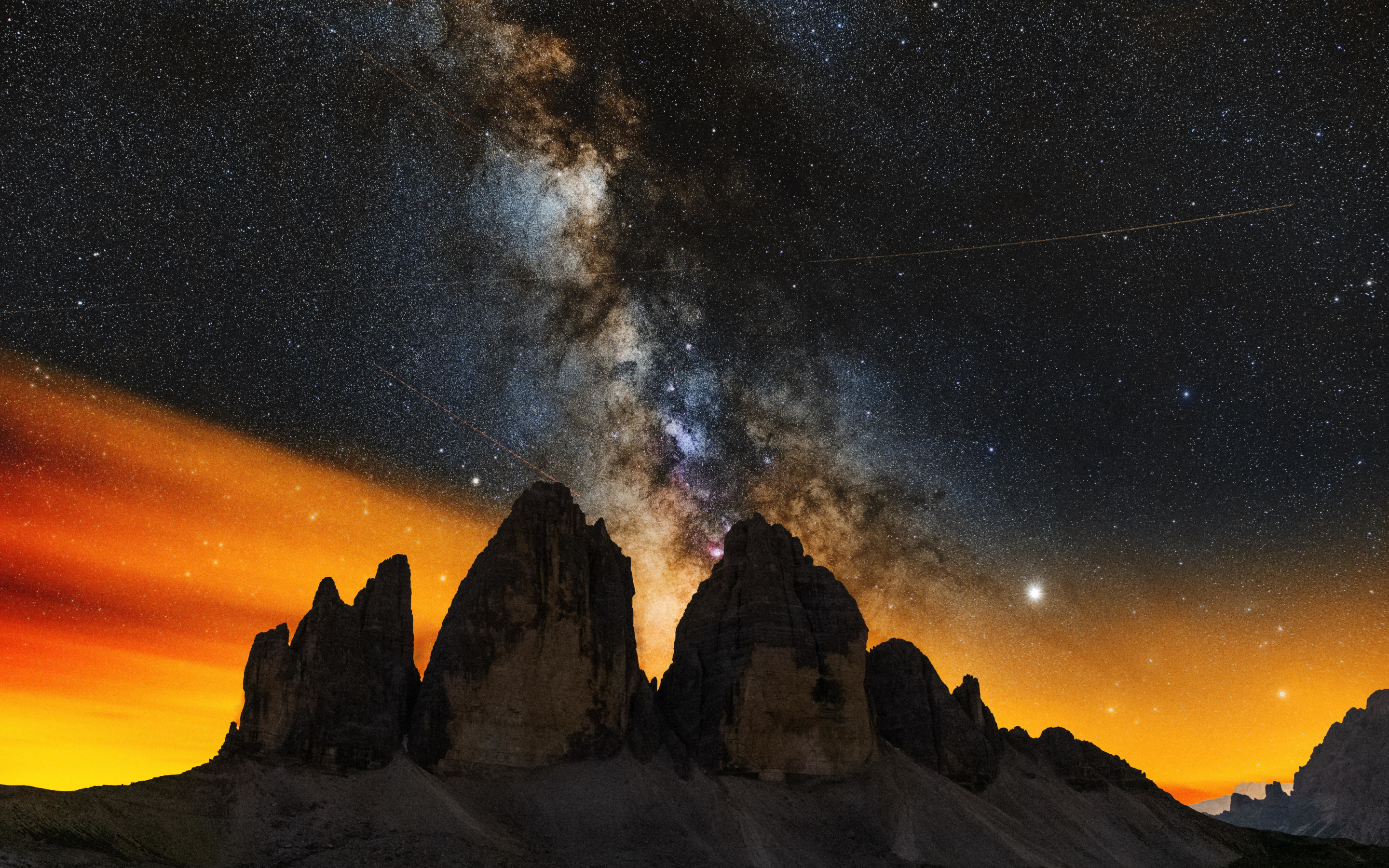Milky way, night, cliffs, silhouette, 2880x1800 wallpaper