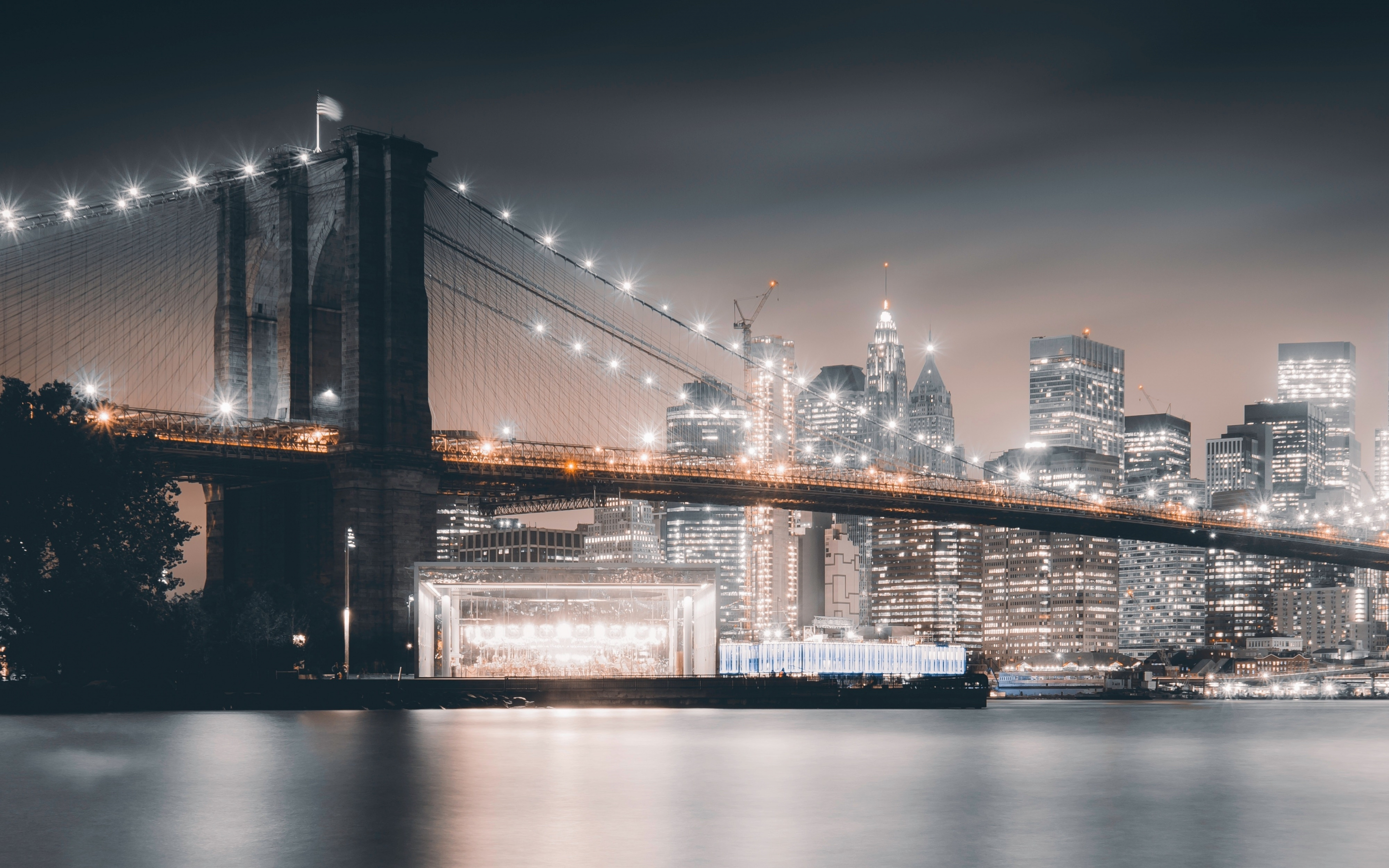 Brooklyn Bridge, night, city, buildings, architecture, 2880x1800 wallpaper
