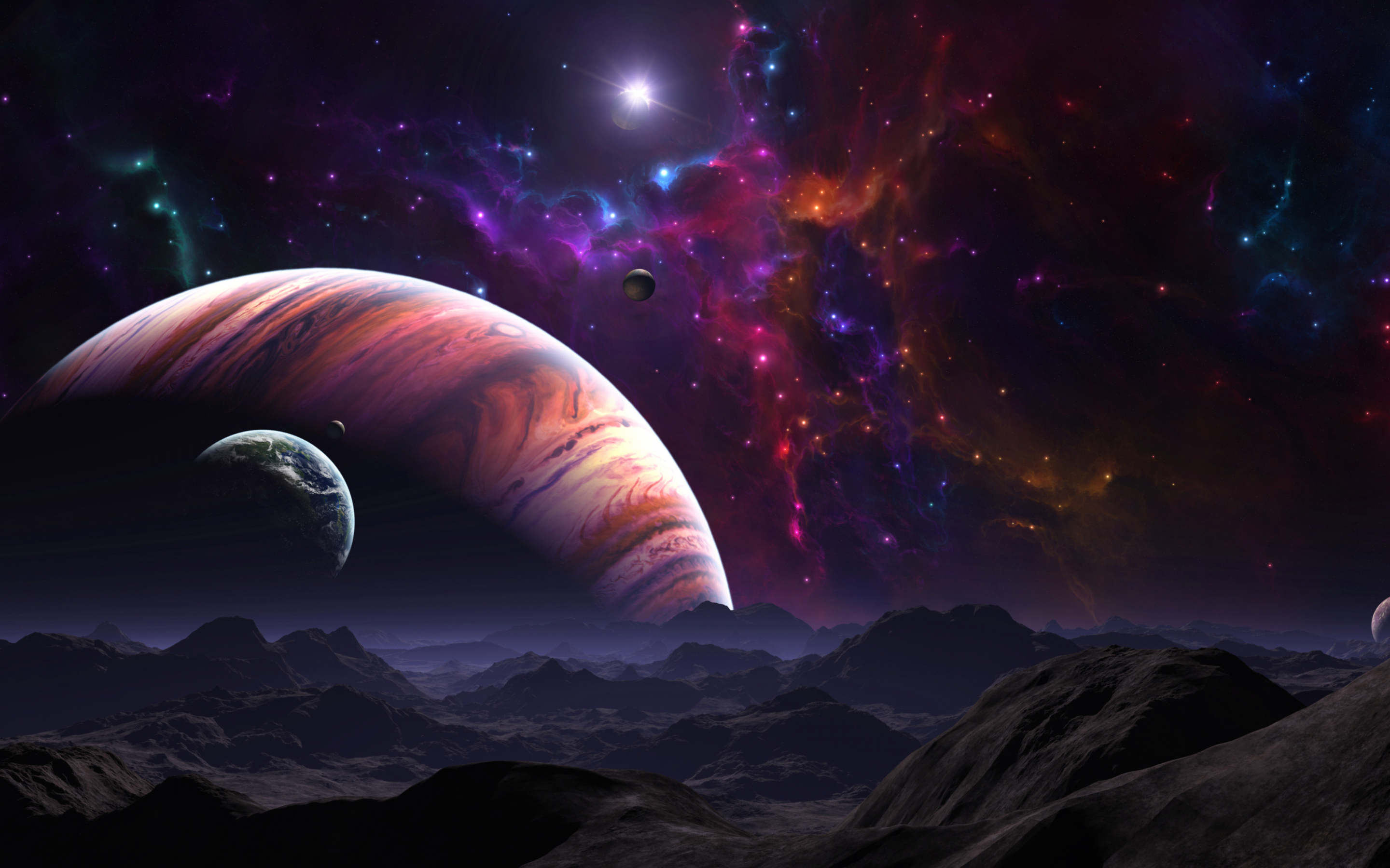 Clouds, fantasy, space, landscape, colorful space, planets, 2880x1800 wallpaper