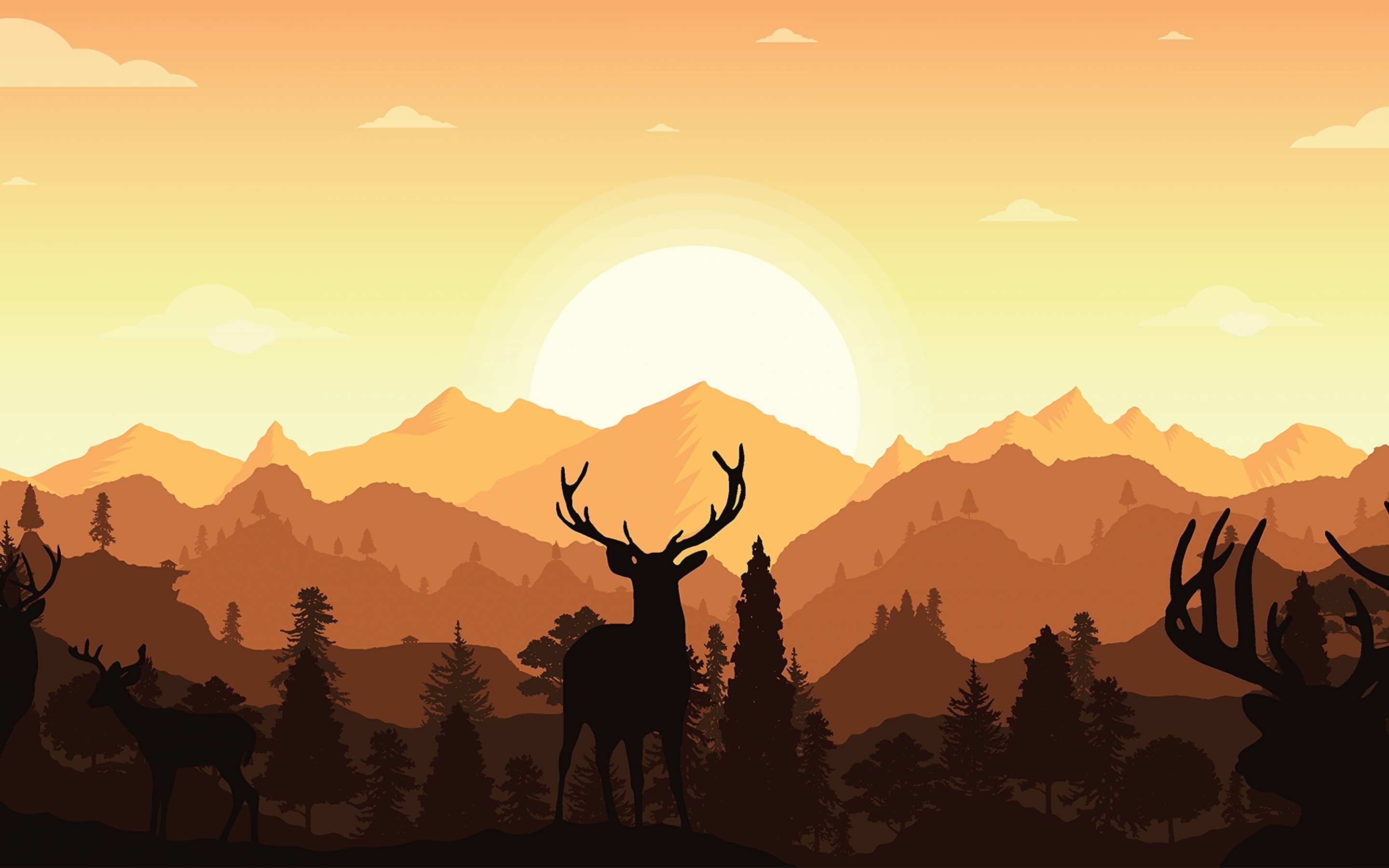 Sunset, horns, deer, silhouette, 2880x1800 wallpaper