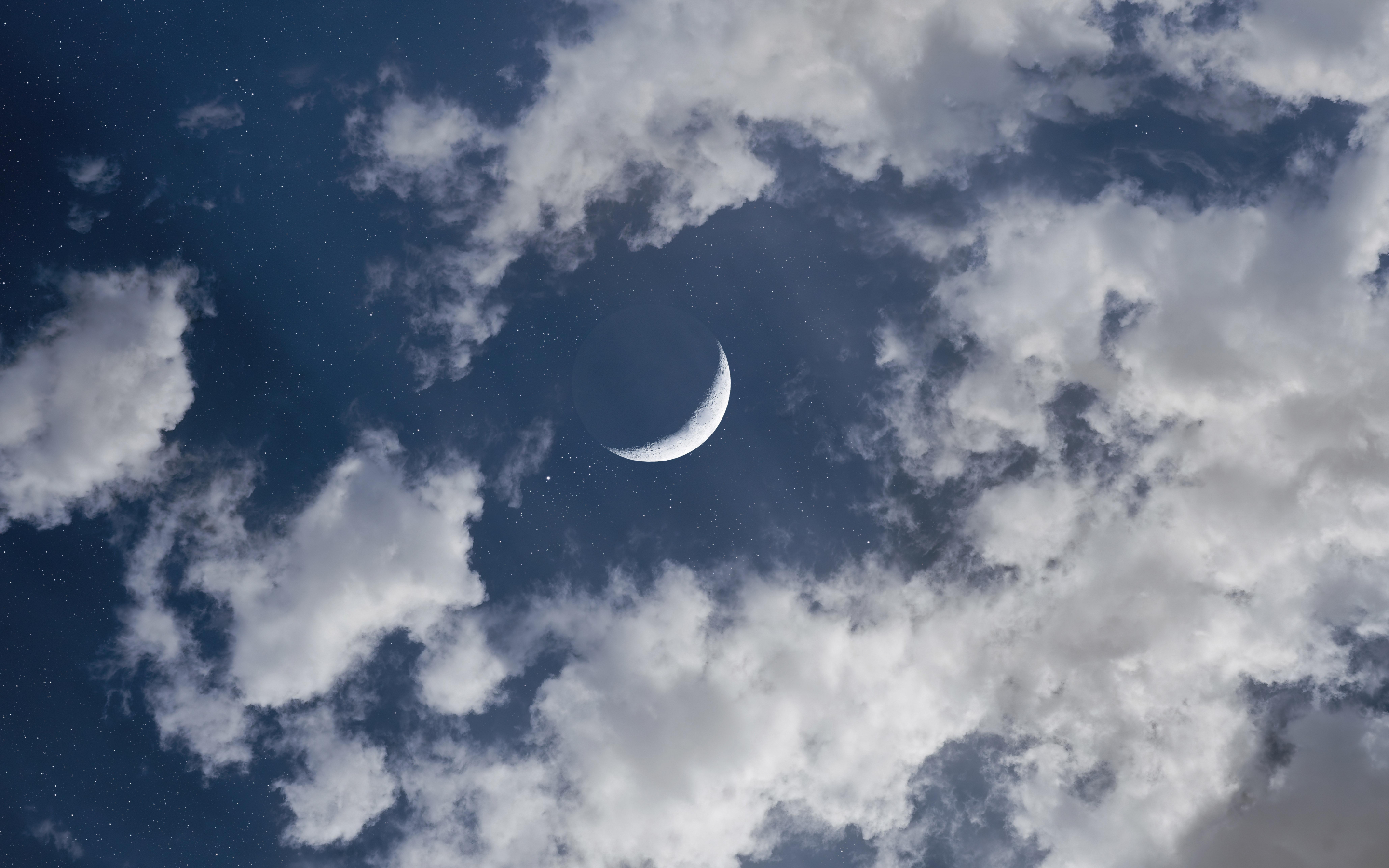 Crescent moon, half moon, clouds, blue sky, cosmos stars, 2880x1800 wallpaper