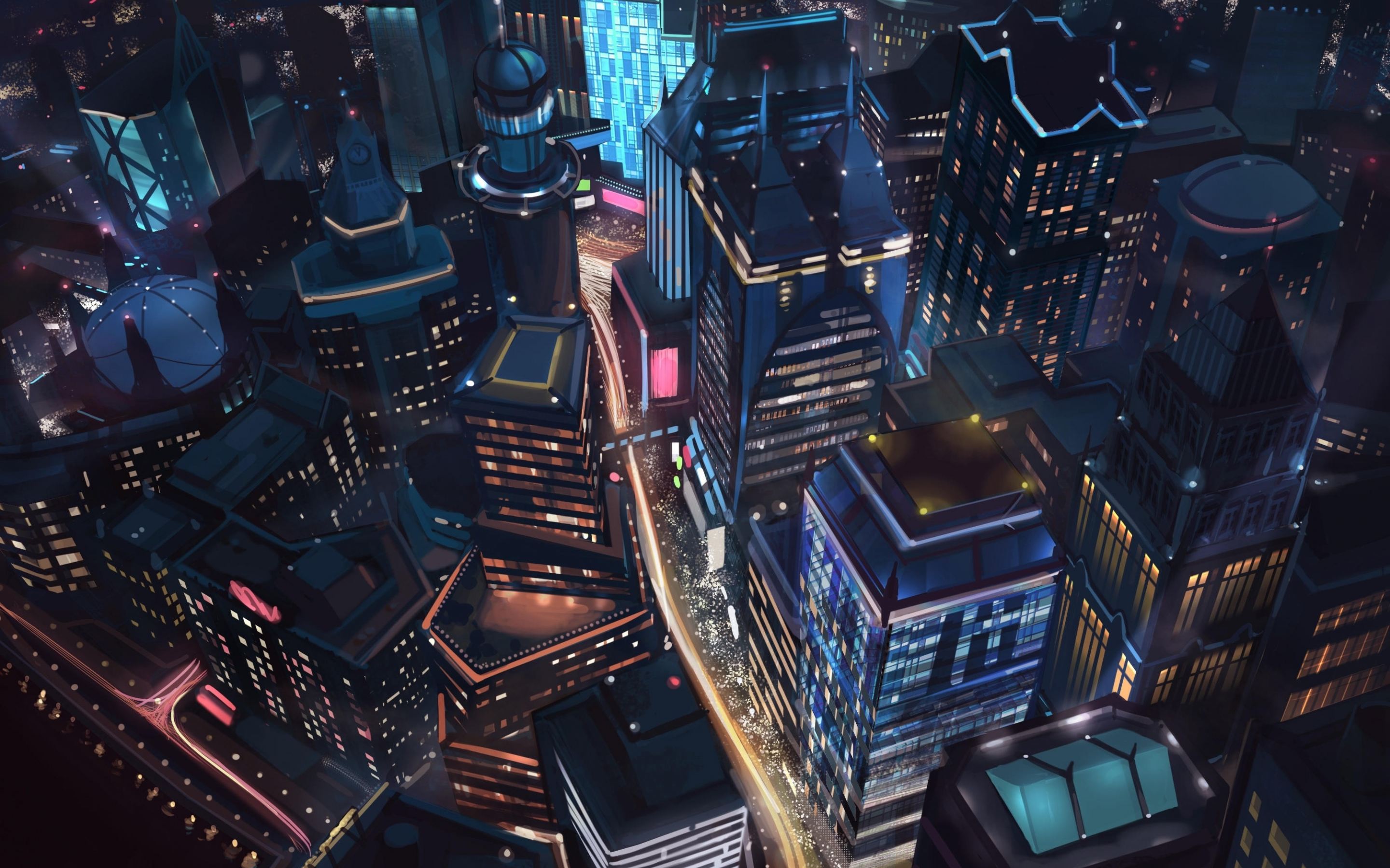 Night, city, minimalist, aerial view, 2880x1800 wallpaper