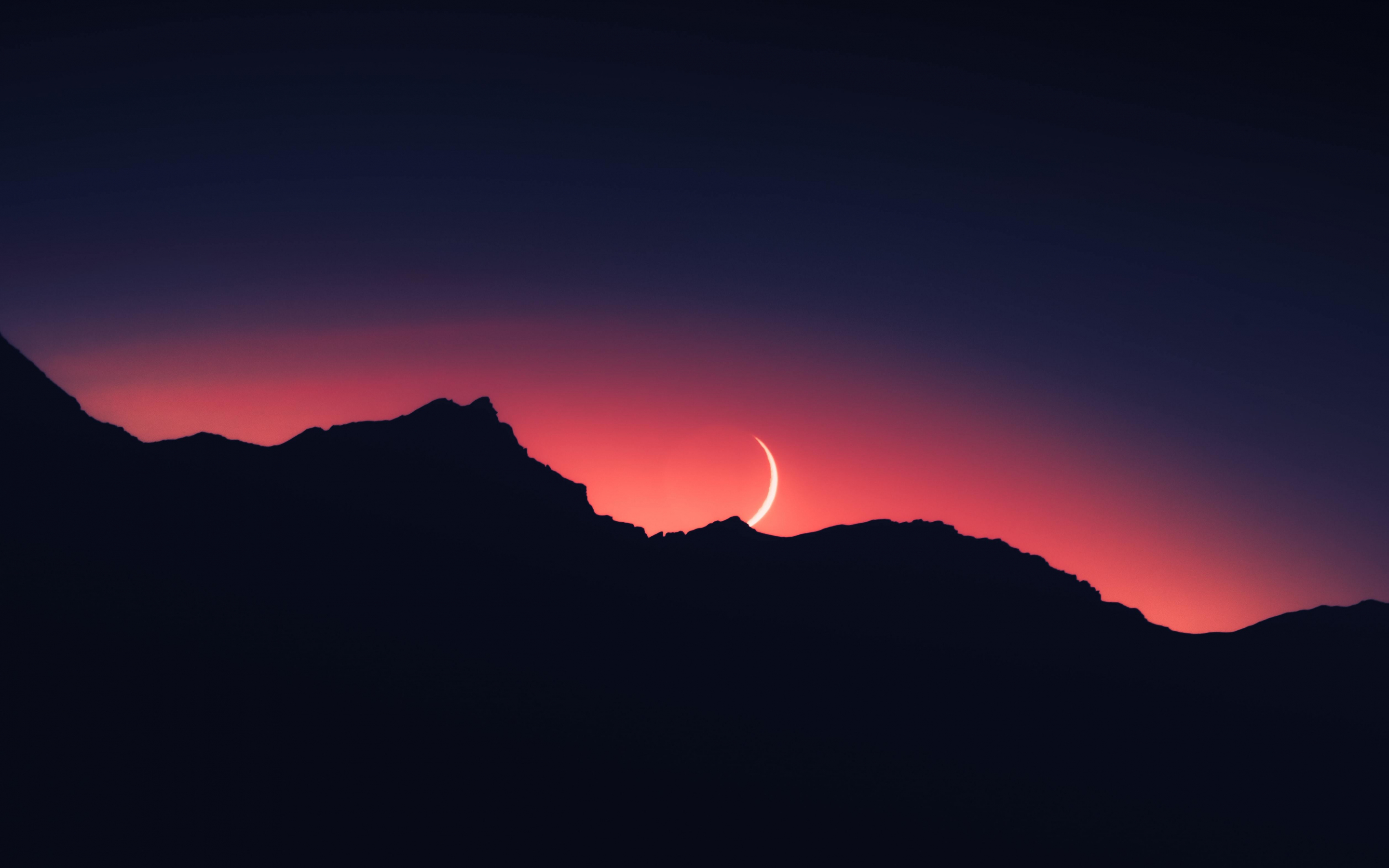 Silhouette, night, mountain range, moon, 2880x1800 wallpaper