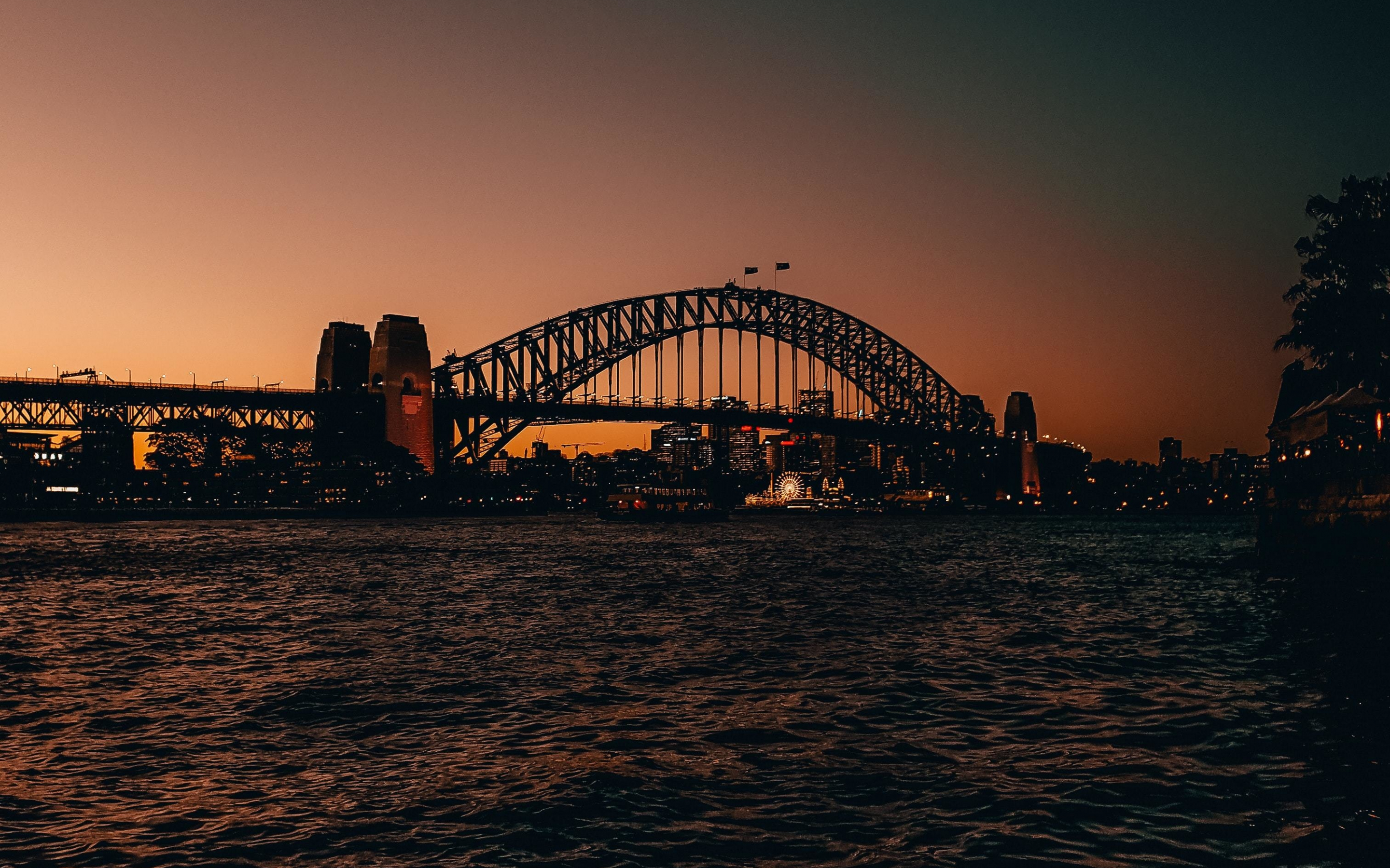Bridge over bay, city, sunset, 2880x1800 wallpaper