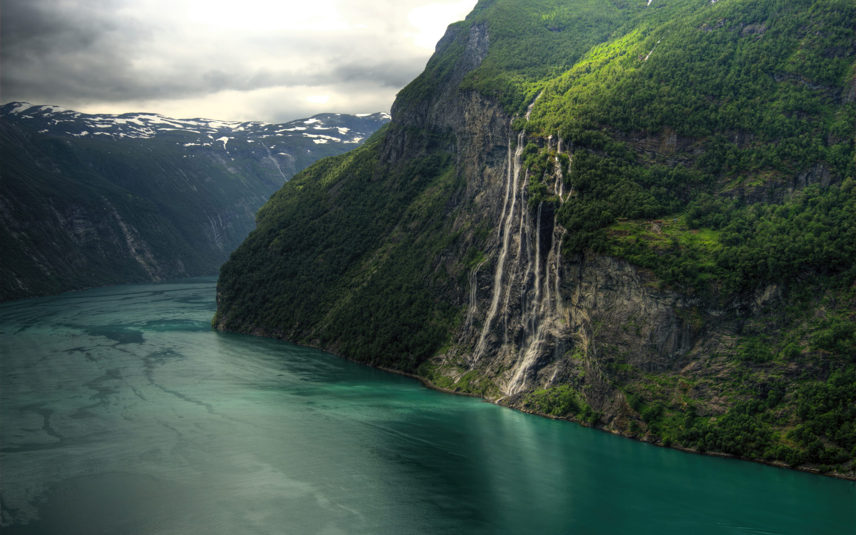 River, seven sisters, waterfall, Geirangerfjord, 2880x1800 wallpaper