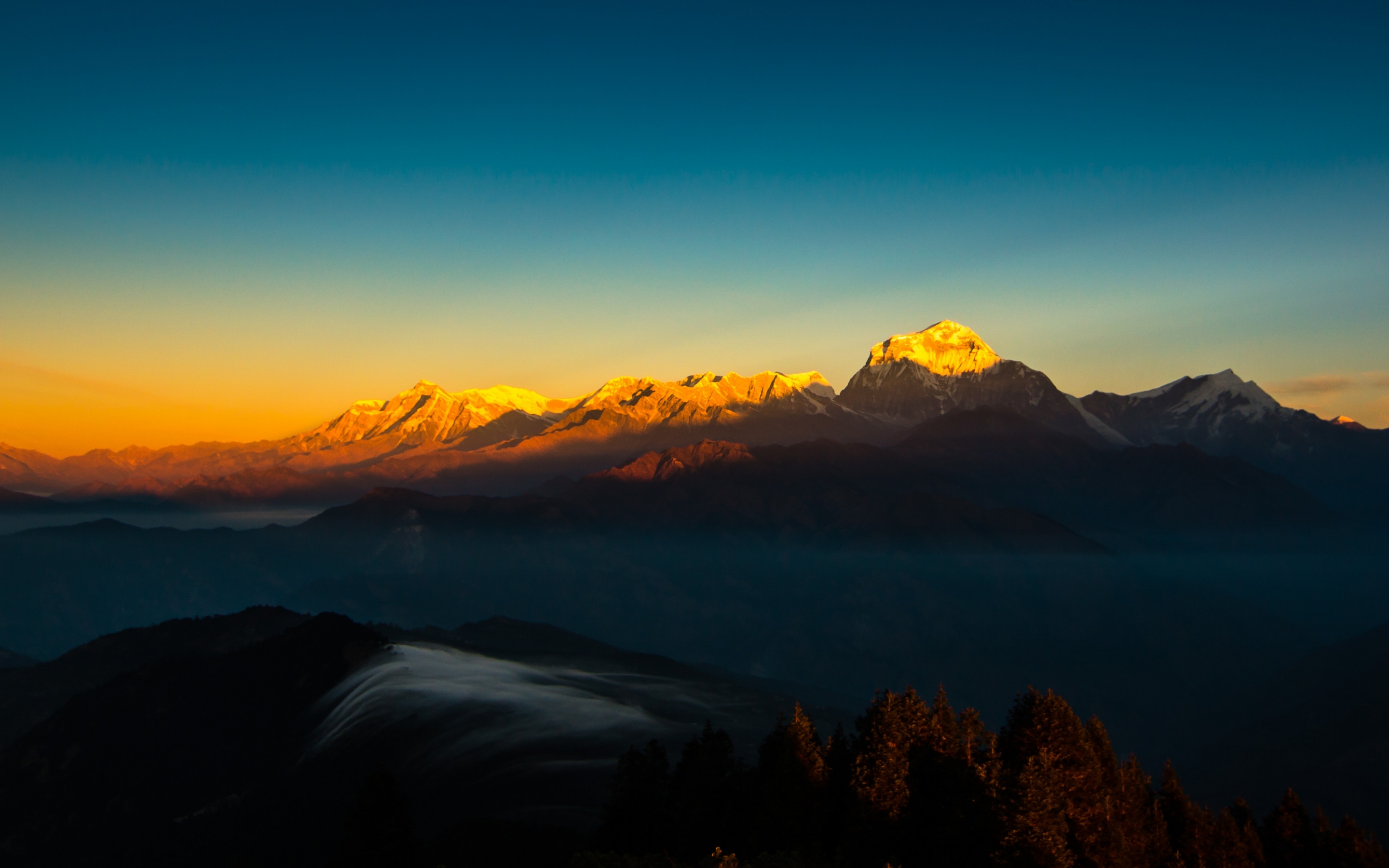 Mountain, golden peaks, Himalaya, mountains range, sunset, 2880x1800 wallpaper