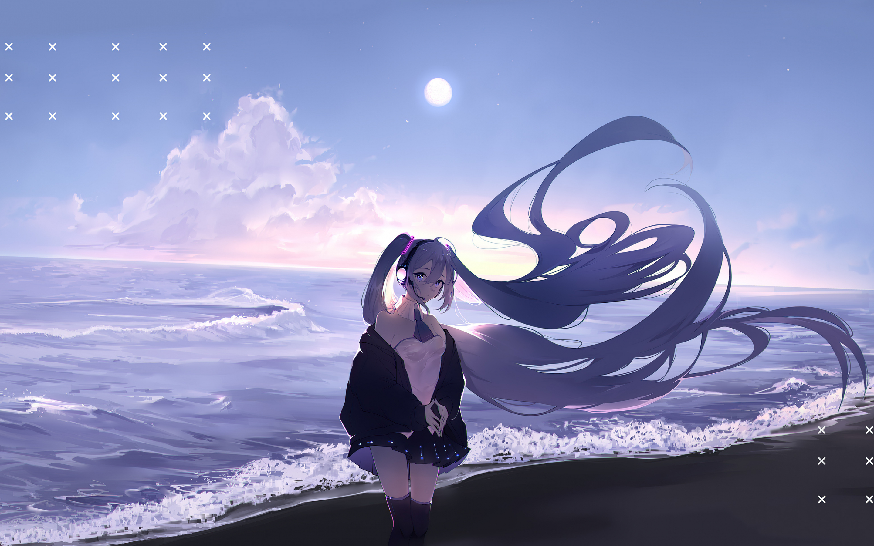 Hatsune Miku, long hairs, seashore, 2880x1800 wallpaper