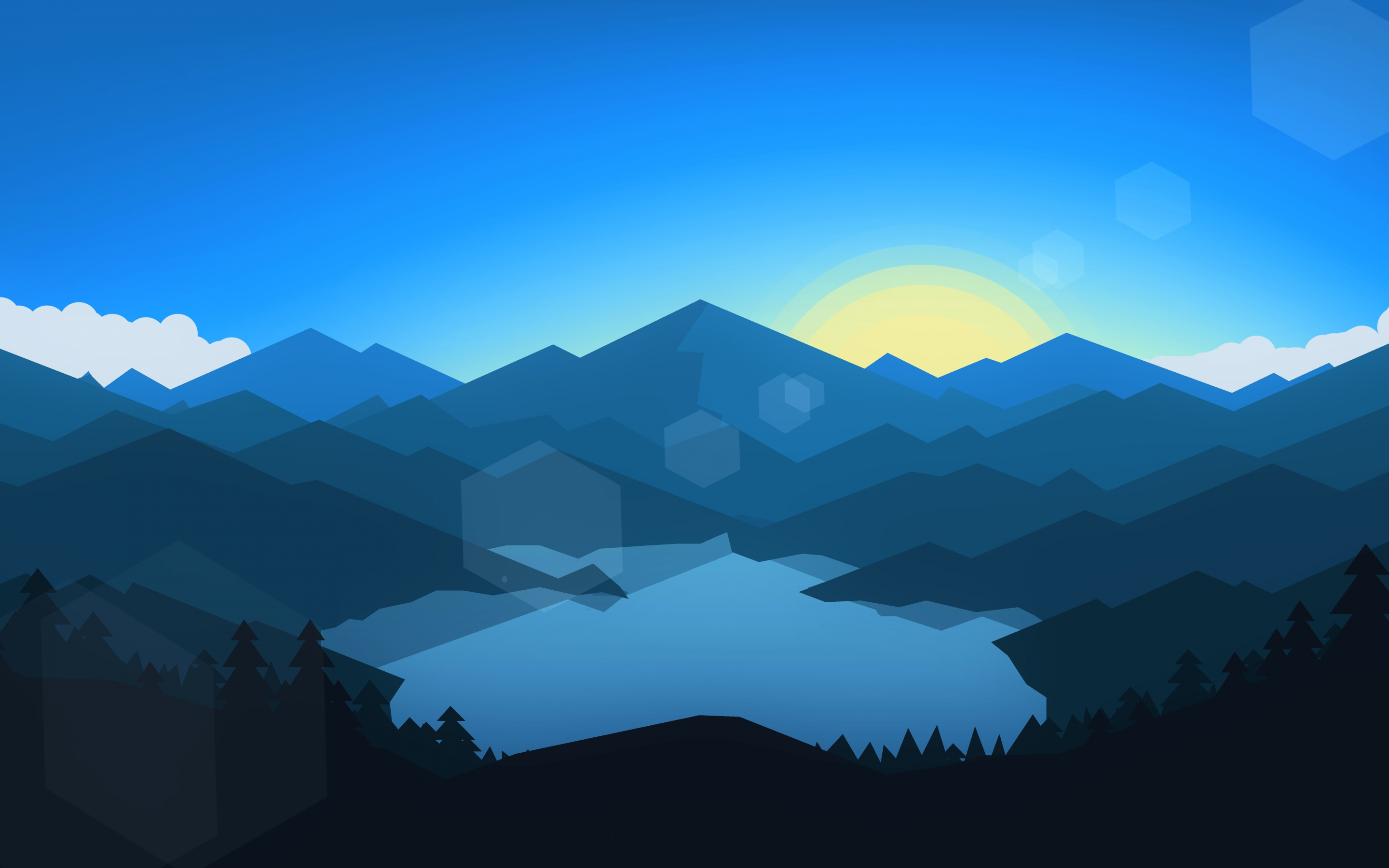Forest, mountains, sunset, cool weather, minimalism, 2880x1800 wallpaper