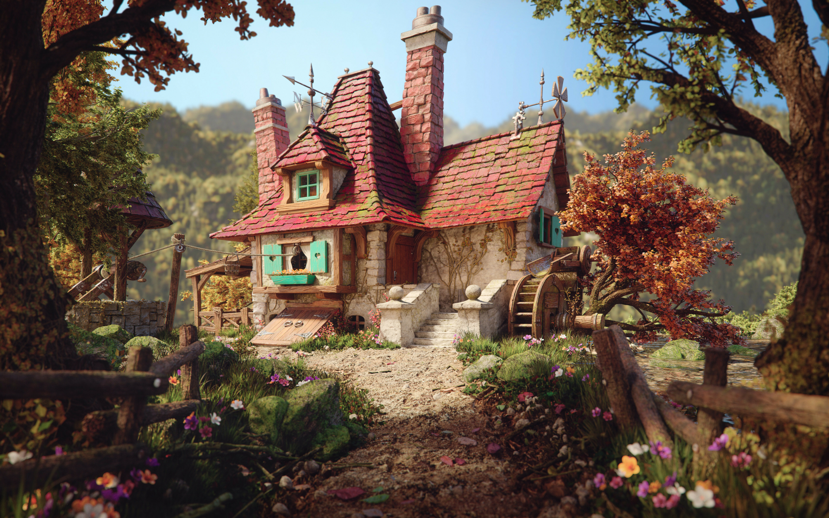 House in forest, vintage, fantasy, 2880x1800 wallpaper