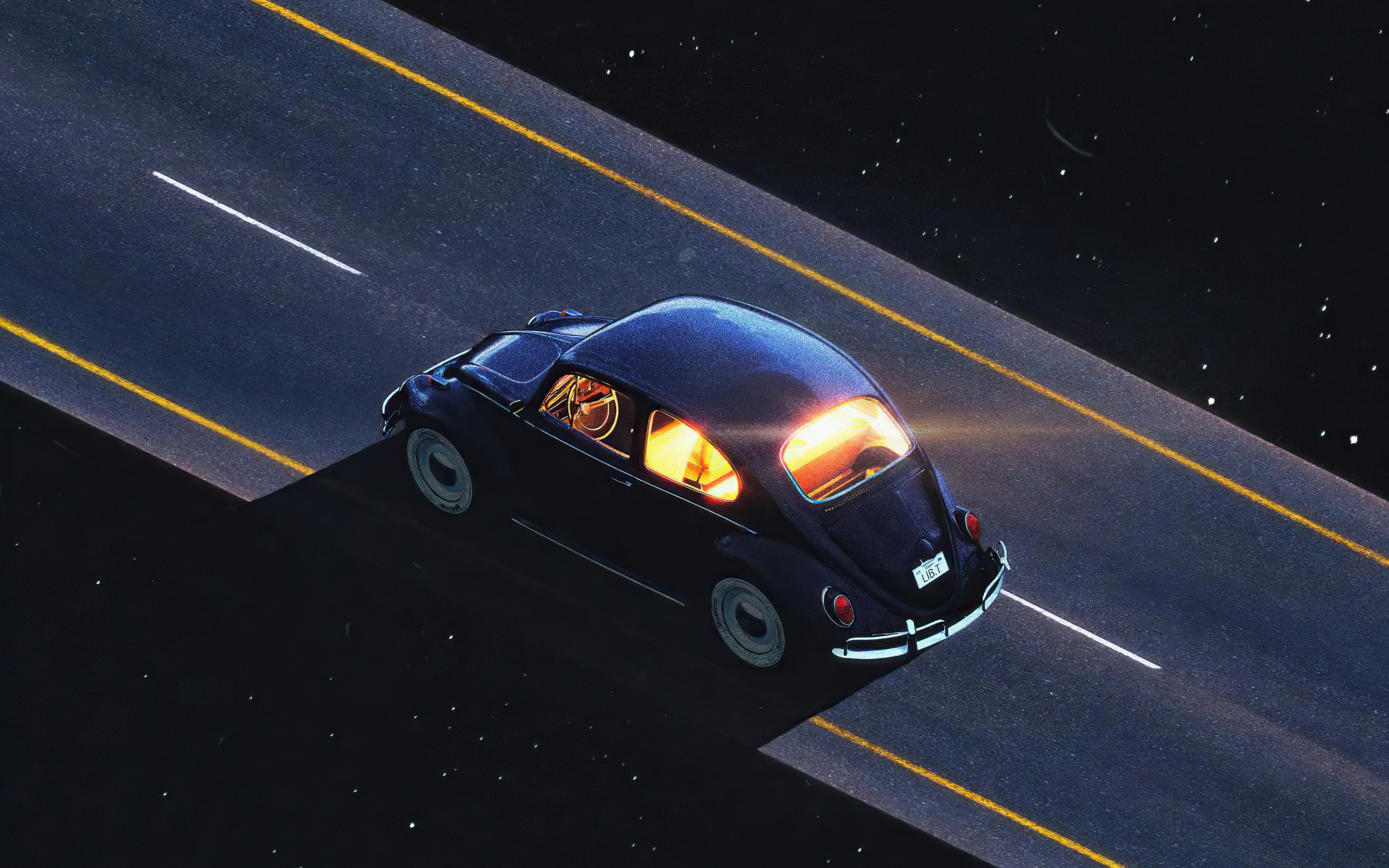 Travel alone, small classic car, night drive, art, 2880x1800 wallpaper