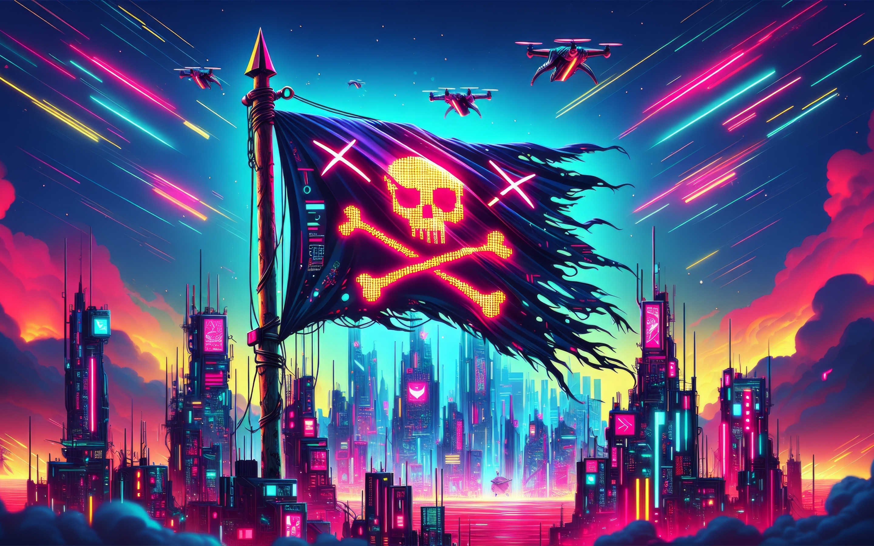 Cyberpunk city, pirate flag, game art, 2880x1800 wallpaper