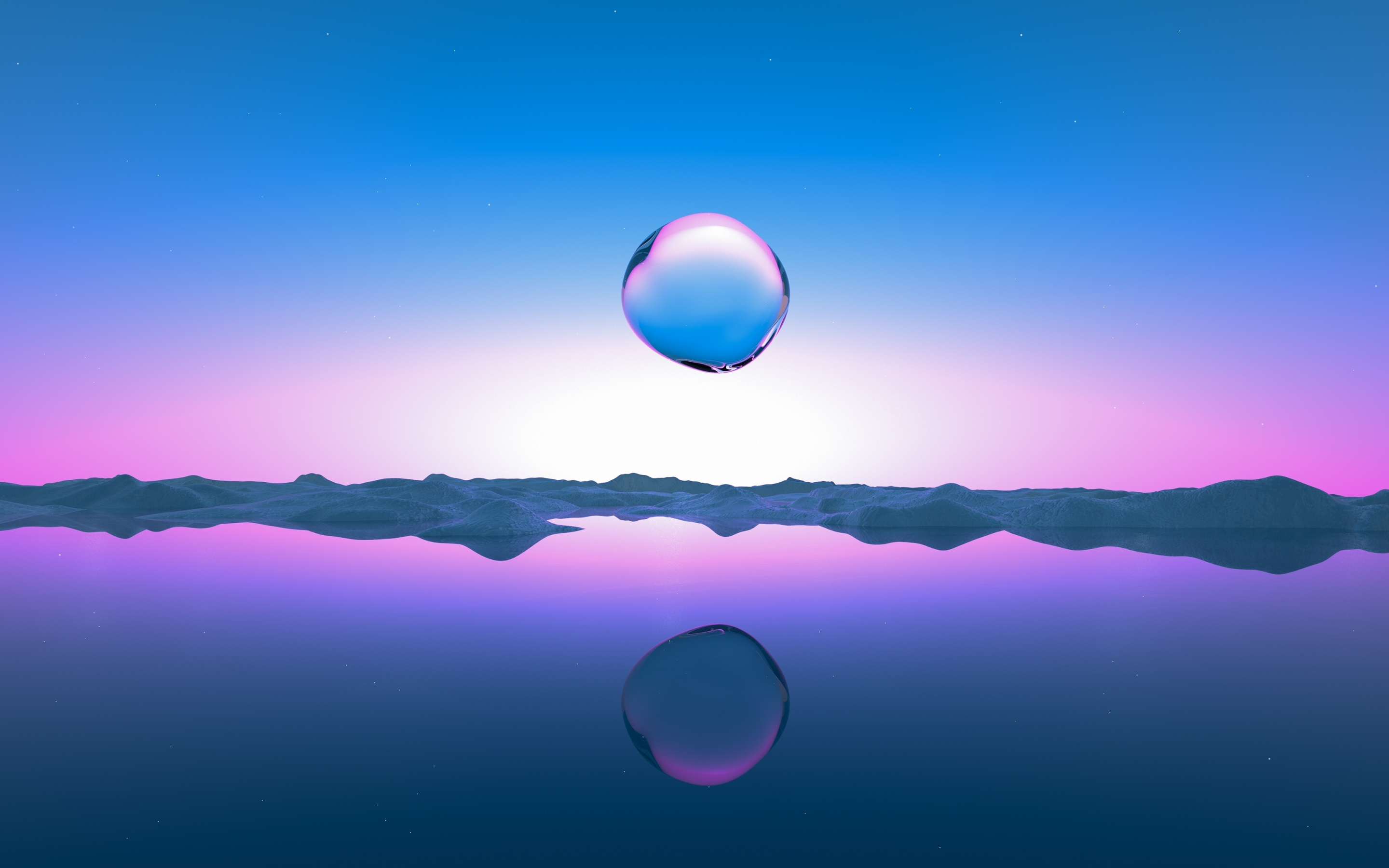 Droplet, sunrise, lake, pink-blue clear sky, artwork, 2880x1800 wallpaper