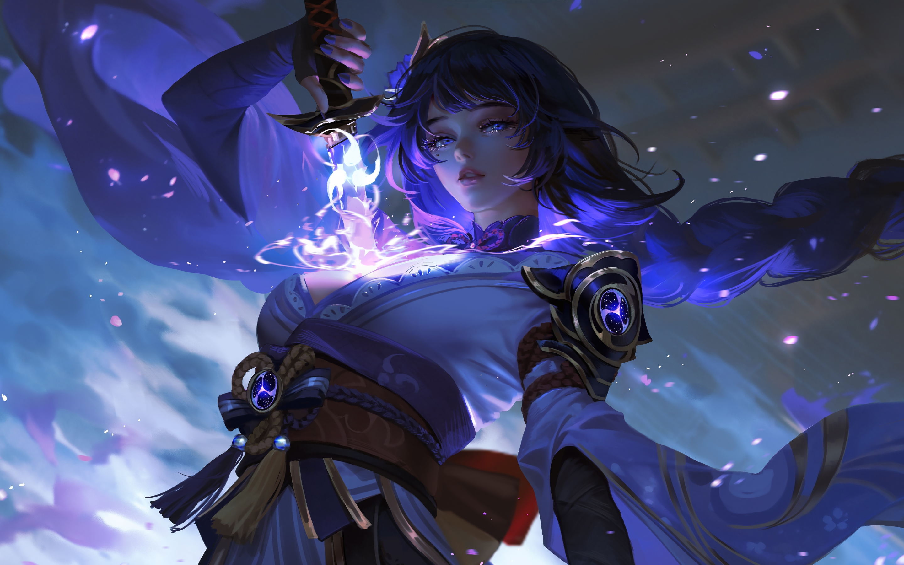 Cute girl with blue sword, fantasy, art, 2880x1800 wallpaper